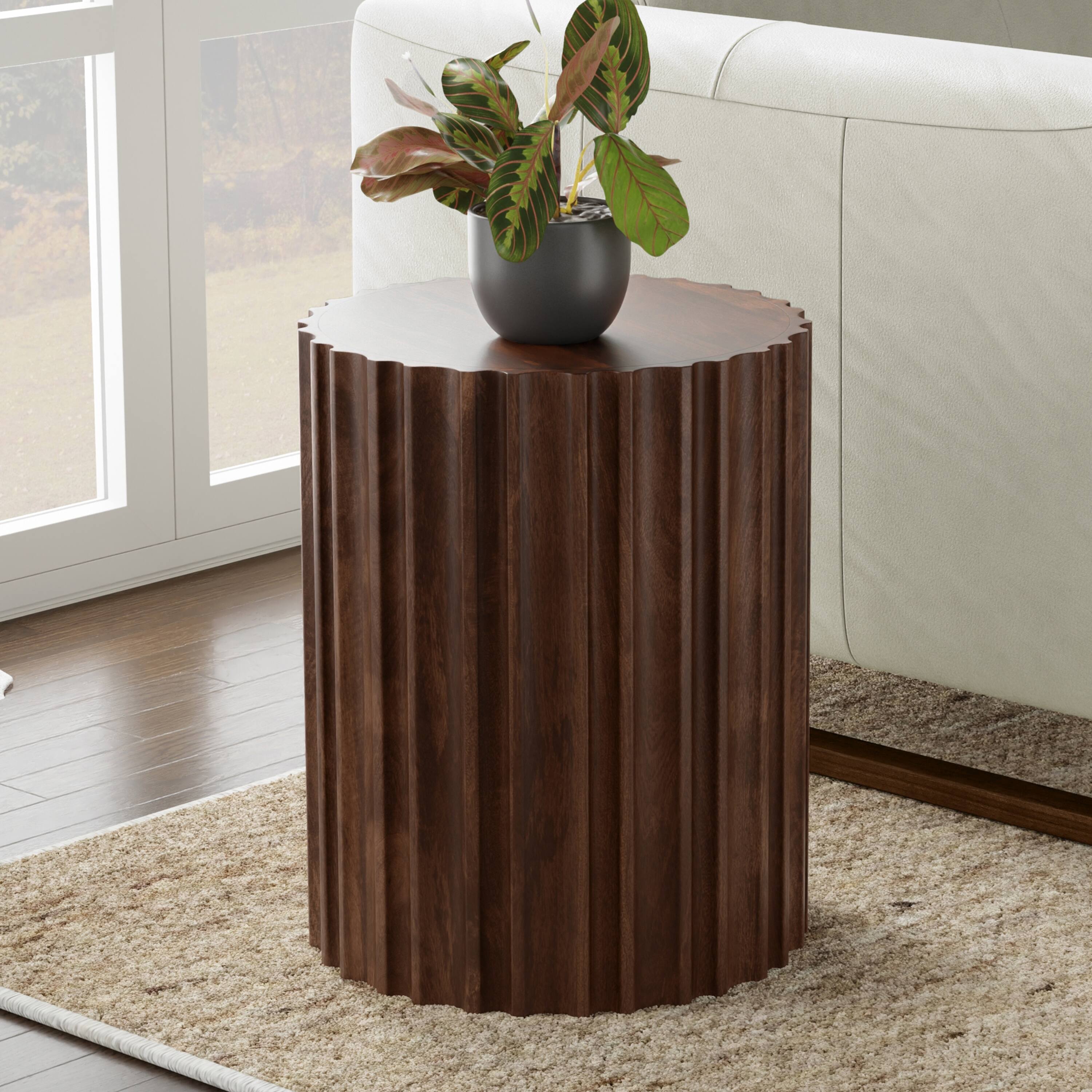 Angle. Simpli Home - Rolf 16 inch Wide Solid Mango Boho Contemporary End Table in Walnut Brown, Assembled - Walnut Brown.