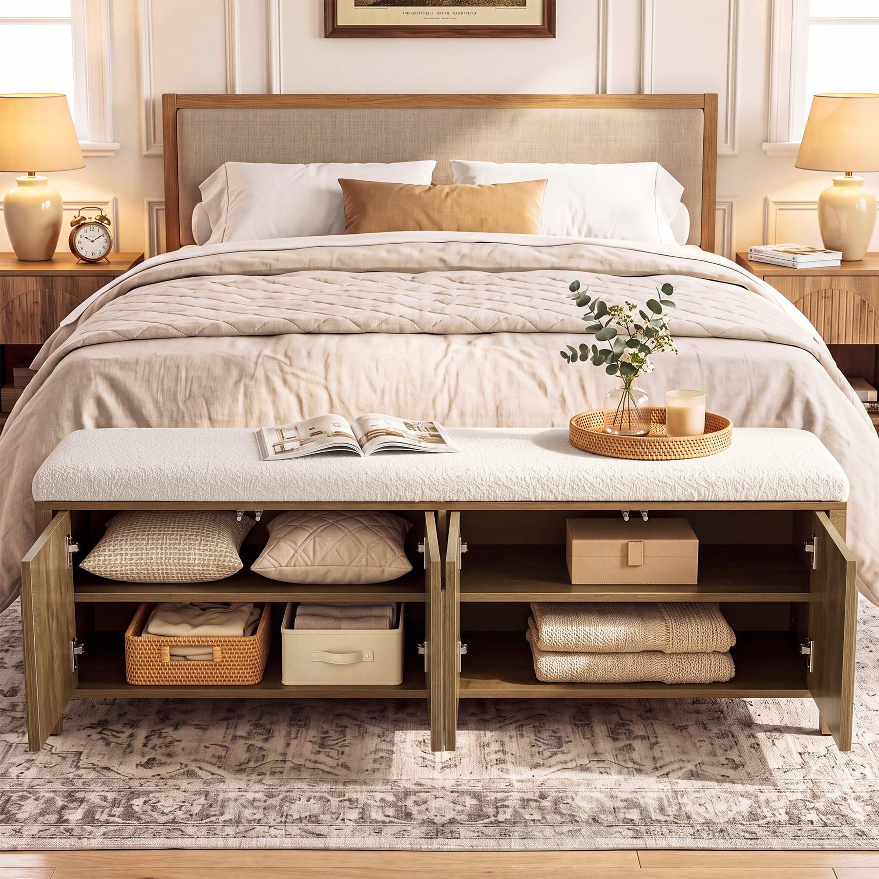 Alt View 3. Tribesigns - 55" Shoe Storage Bench with Cushion, Farmhouse Entryway Bench - Brown.