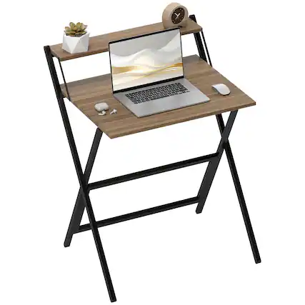 Front. Homcom - Small Folding Desk, 27.6 Inch Foldable Computer Desk with Monitor Shelf, Space Saving Portable Writing Table - Walnut.