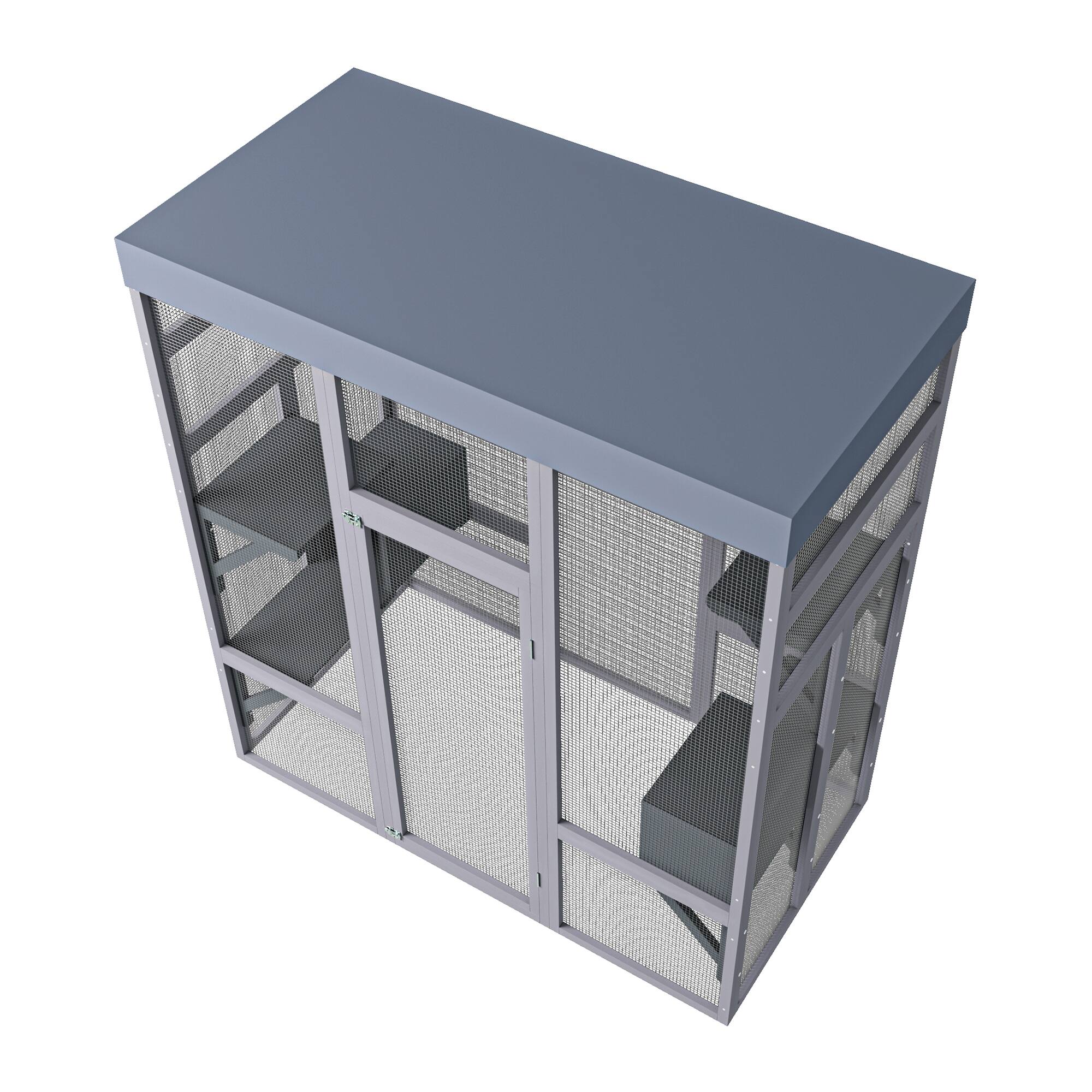 Alt View 5. Siljoy - 62.6" Outdoor Catio with Waterproof Roof, 2 Napping Houses, Platforms & Galvanized Mesh Cat House.