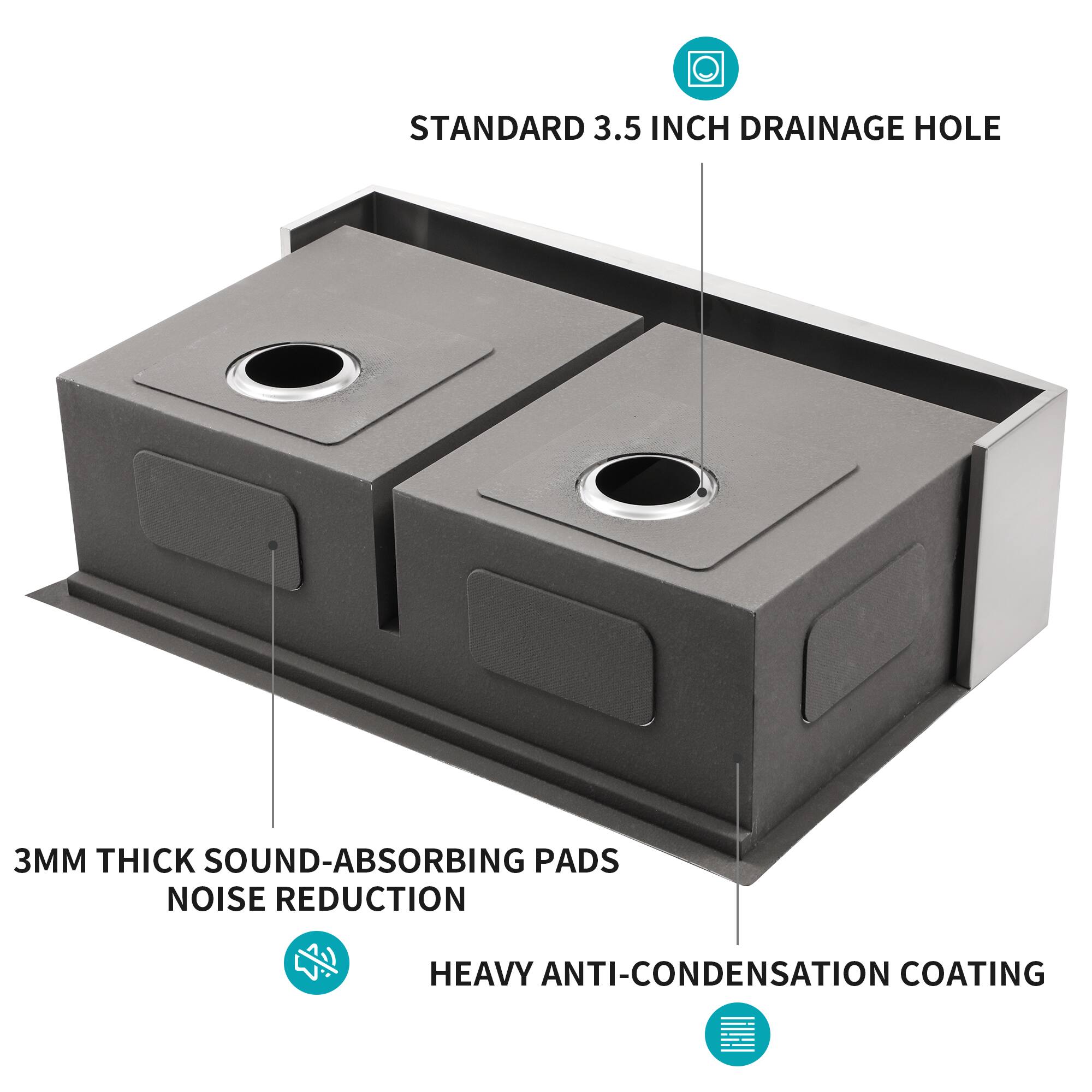STANDARD 3.5 INCH DRAINAGE HOLE

3MM THICK SOUND-ABSORBING PADS NOISE REDUCTION

HEAVY ANTI-CONDENSATION COATING