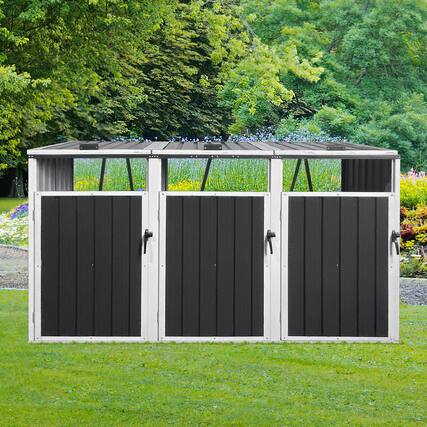 Front. Mondawe - 3 Trash Cans Metal Outdoor Bin Shed - Dark Grey.