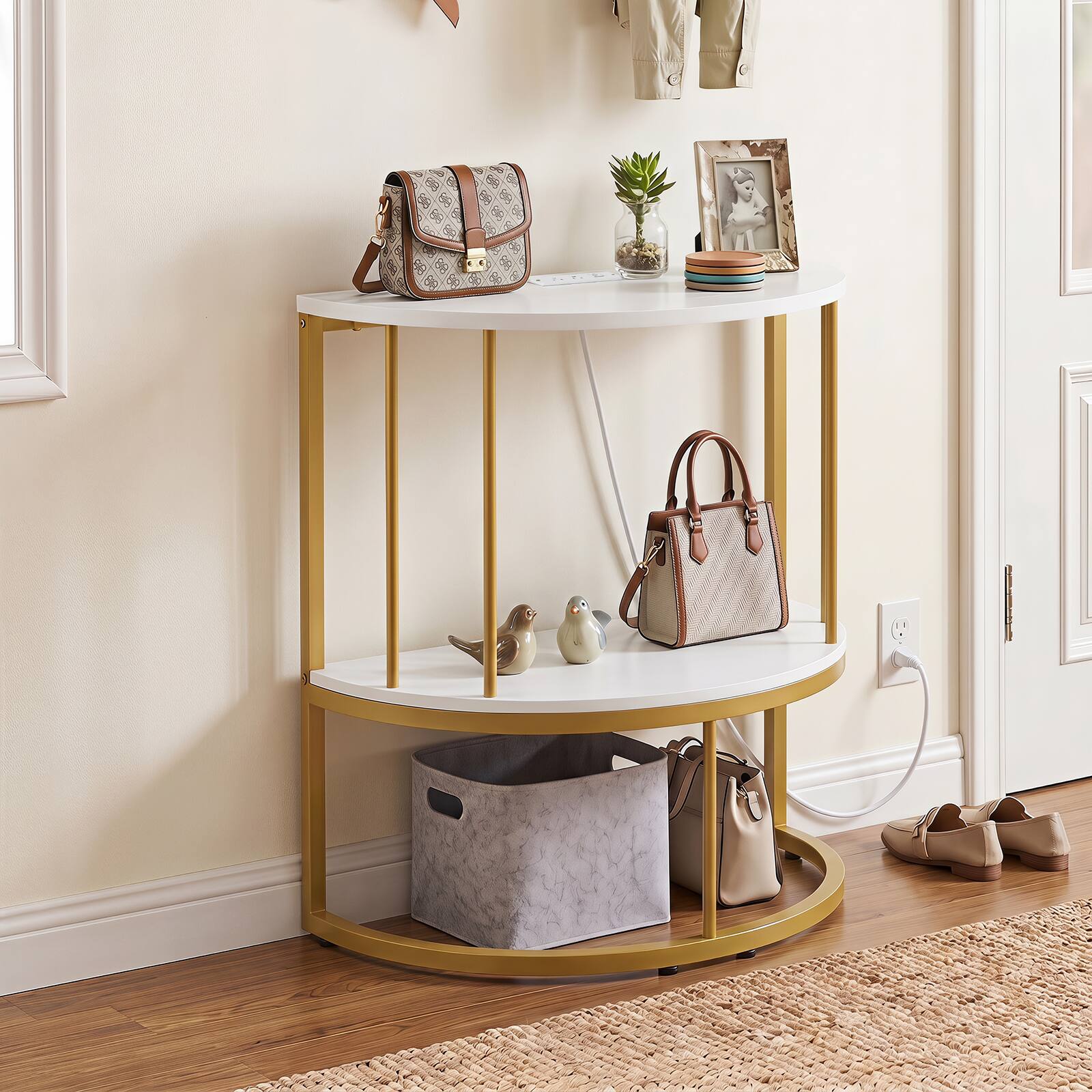 Alt View 3. Costway - Costway Half Moon Console Table with Power Outlets, 2-Tier Entryway Table with Storage Shelf - Gold & White.