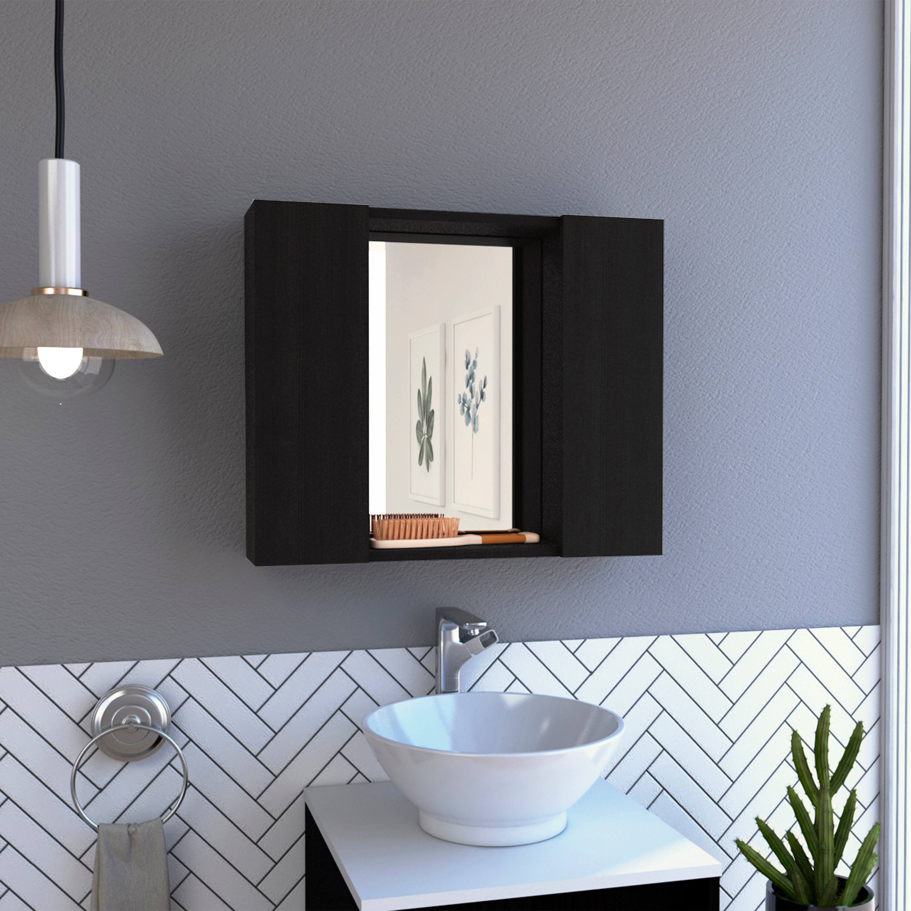 Left. TuHome - Wall-Mount Mirror Medicine Cabinet with Two Doors for Interior Storage - Black.