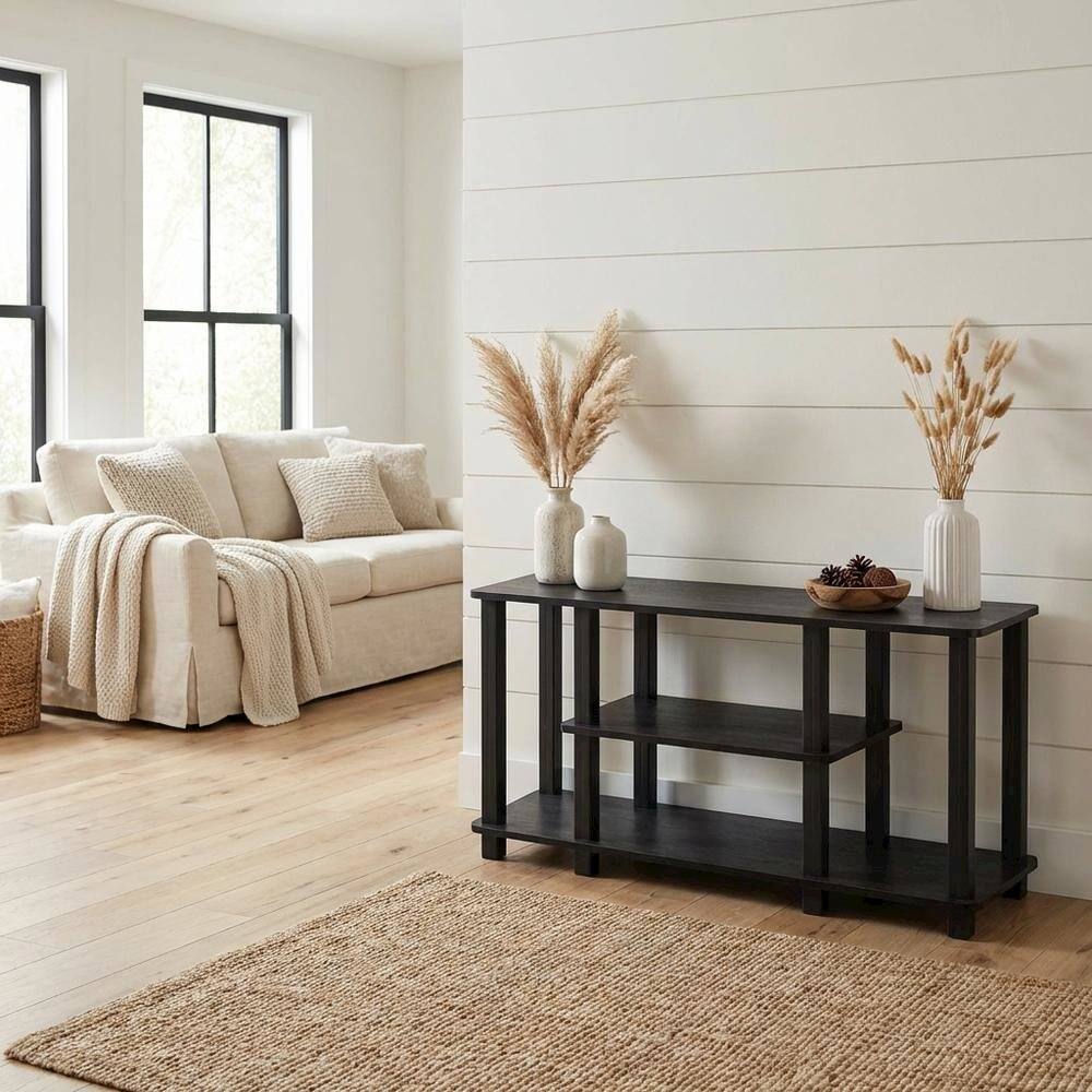 Alt View 2. FurniFact - Black wood TV stand,  3-tier design, square tube frame, entertainment setup - Brown.