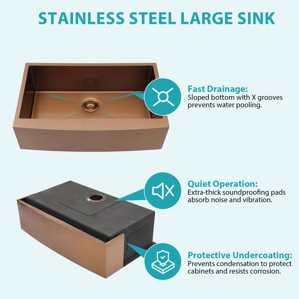 STAINLESS STEEL LARGE SINK

Fast Drainage:  
Sloped bottom with X grooves prevents water pooling.

Quiet Operation:  
Extra-thick soundproofing pads absorb noise and vibration.

Protective Undercoating:  
Prevents condensation to protect cabinets and resists corrosion.