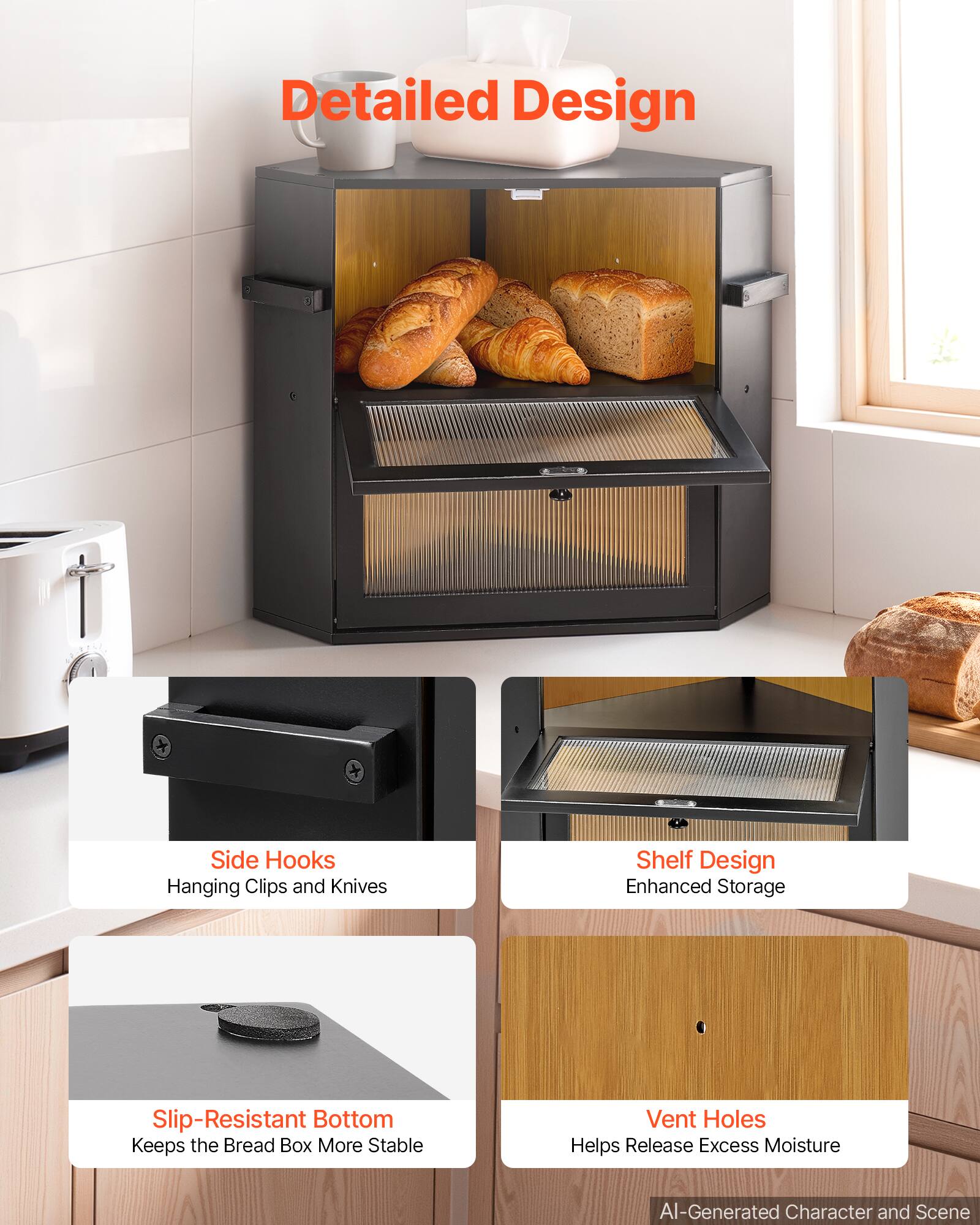 VEVOR Corner Bread Box for Kitchen Counter Bamboo Wood Container for ...
