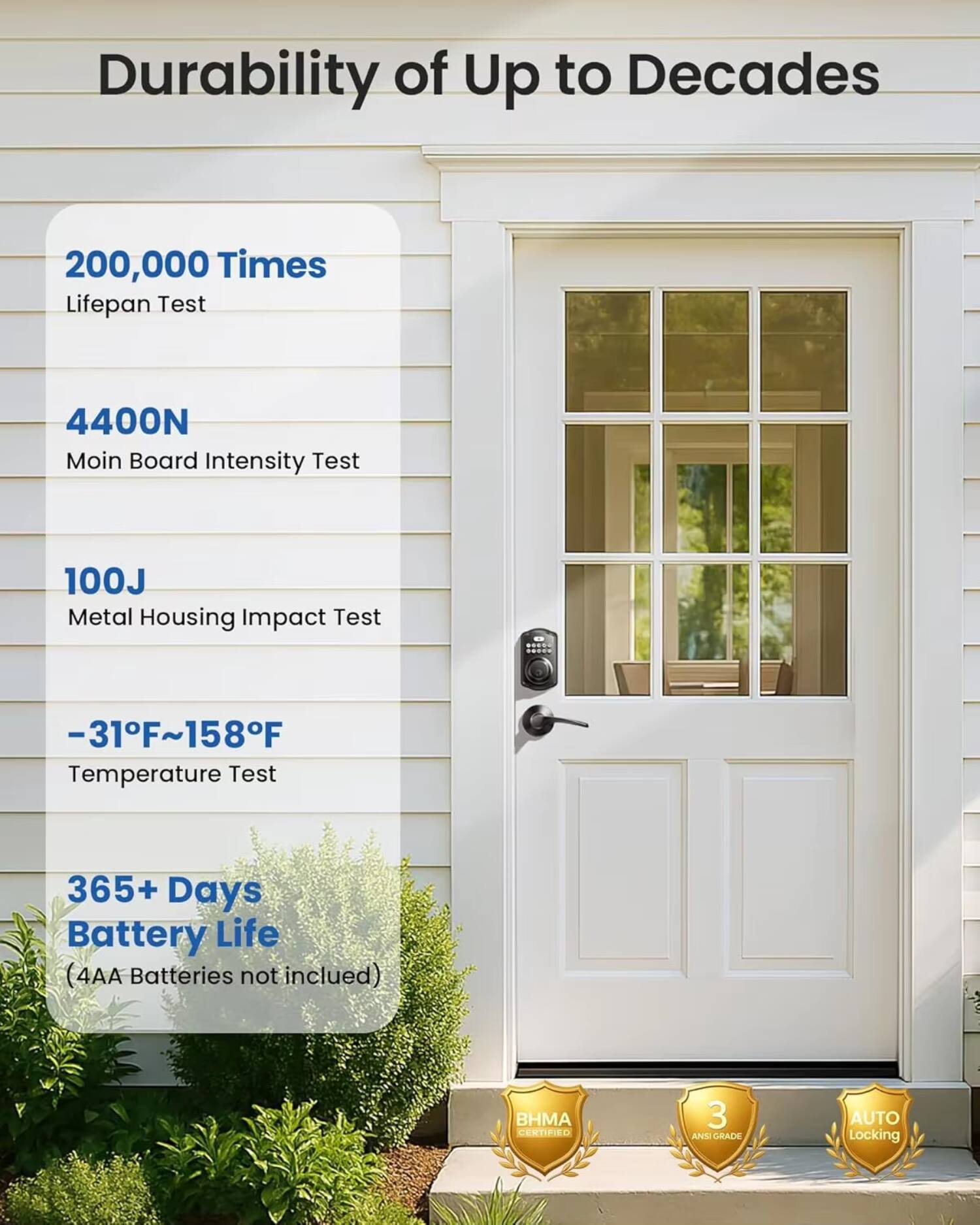 Durability of Up to Decades

- 200,000 Times Lifepan Test
- 4400N Main Board Intensity Test
- 100J Metal Housing Impact Test
- -31°F ~ 158°F Temperature Test
- 365+ Days Battery Life (4AA Batteries not included)

BHMA CERTIFIED  
3 ANSI GRADE  
AUTO Locking