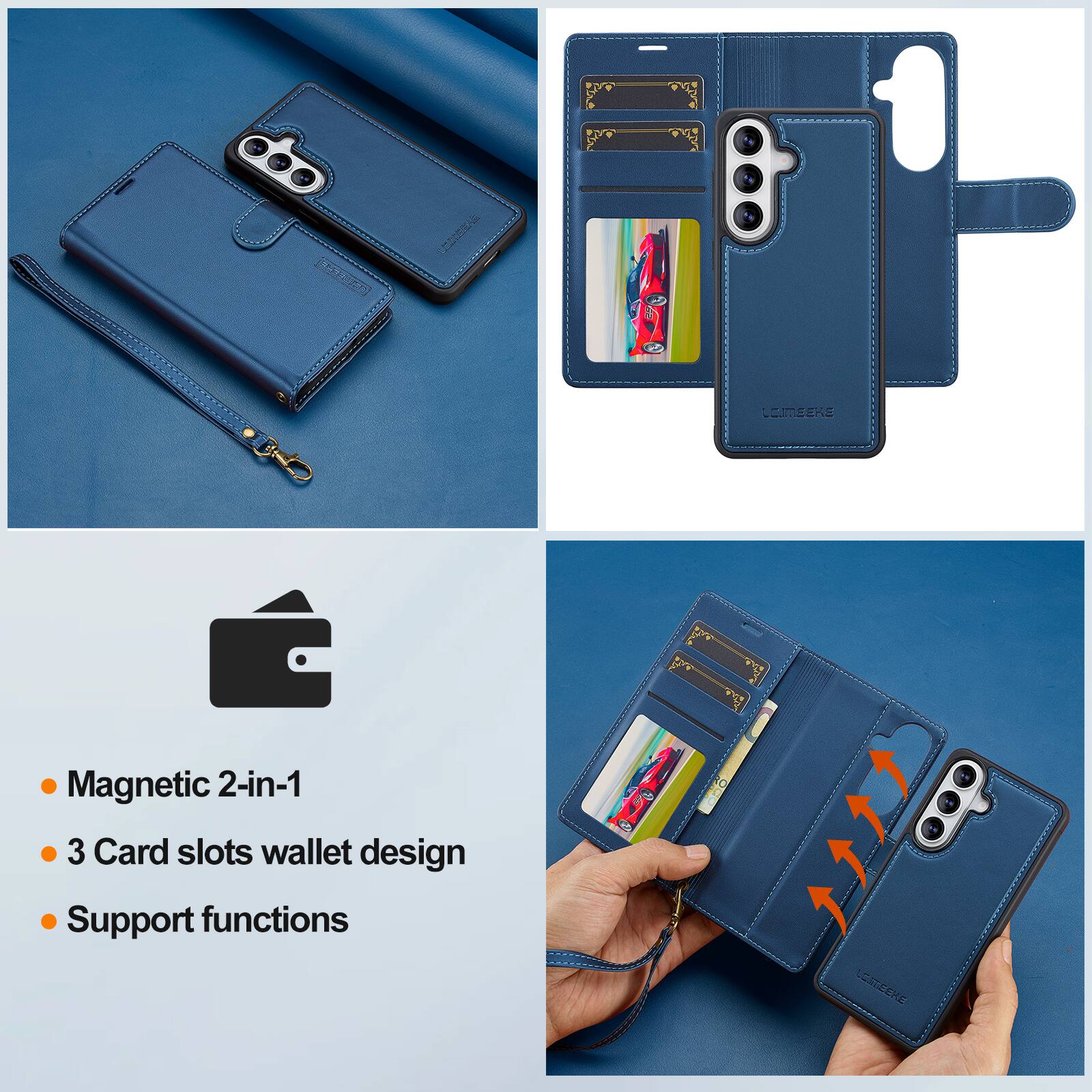COMICS  
LEMEEKE  
Magnetic 2-in-1  
3 Card slots wallet design  
Support functions