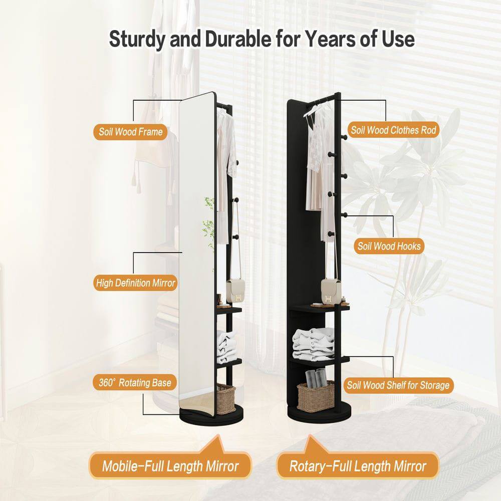 Sturdy and Durable for Years of Use  
- Soil Wood Frame  
- Soil Wood Clothes Rod  
- Soil Wood Hooks  
- High Definition Mirror  
- 360° Rotating Base  
- Soil Wood Shelf for Storage  
- Mobile-Full Length Mirror  
- Rotary-Full Length Mirror