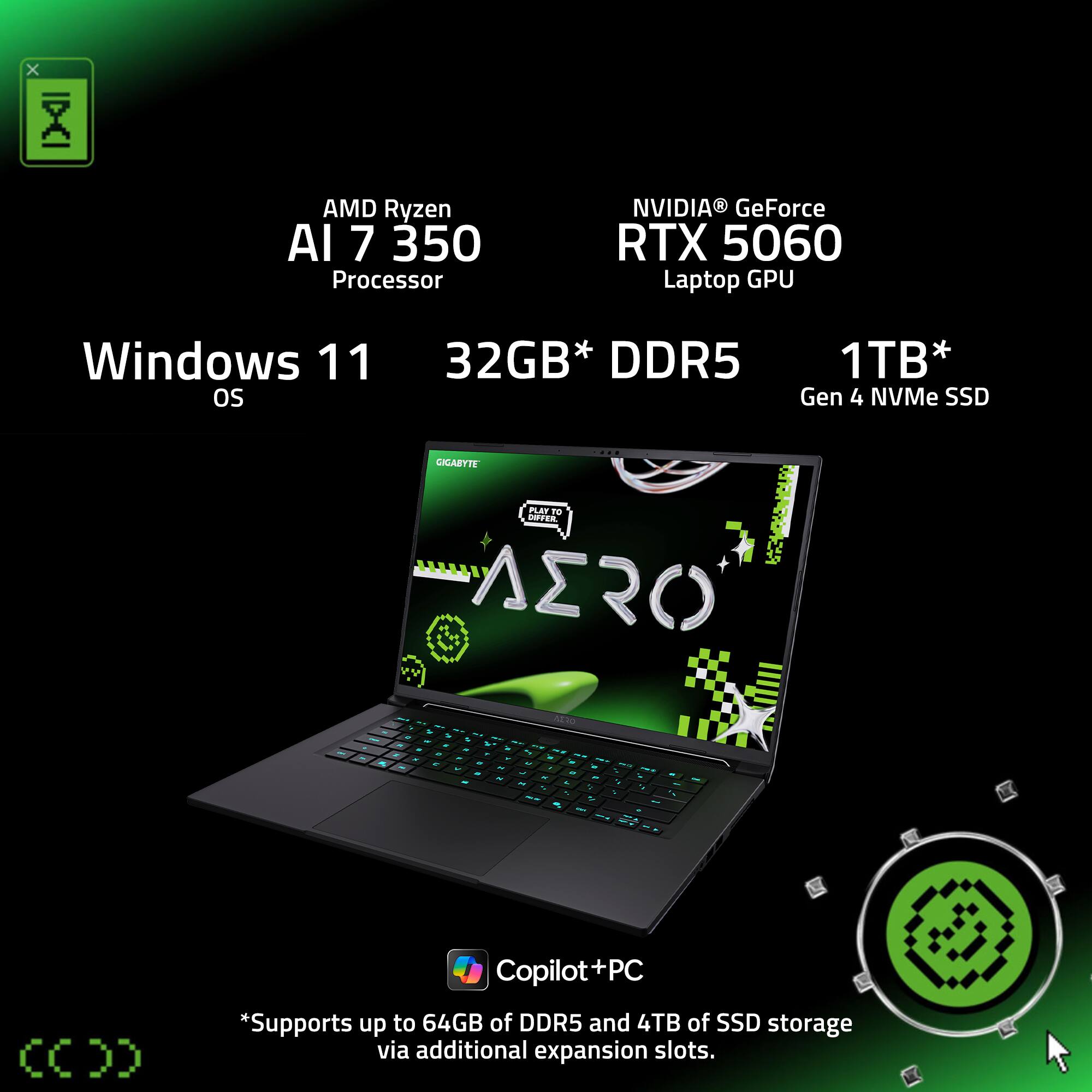 AMD Ryzen AI 7 350 Processor, NVIDIA GeForce RTX 5060 Laptop GPU, Windows 11 OS, 32GB* DDR5, 1TB* Gen 4 NVMe SSD, Copilot+PC, *Supports up to 64GB of DDR5 and 4TB of SSD storage via additional expansion slots.