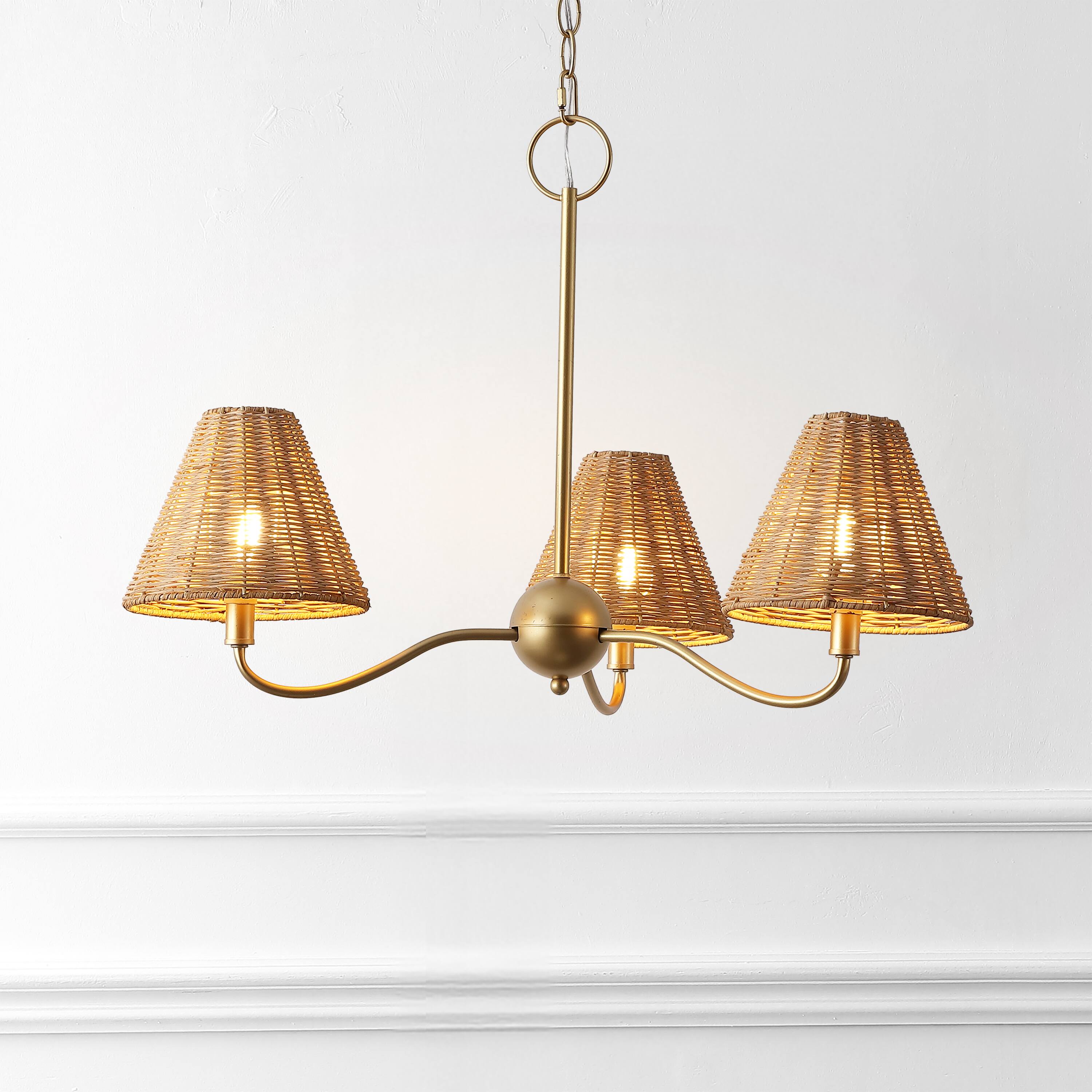 Alt View 1. Jonathan Y - Grady 27" 3-Light Adjustable Swooping Arm Metal with Hand-Woven Rattan Shades LED Chandelier, Gold Painting/Brown - Gold Painting.