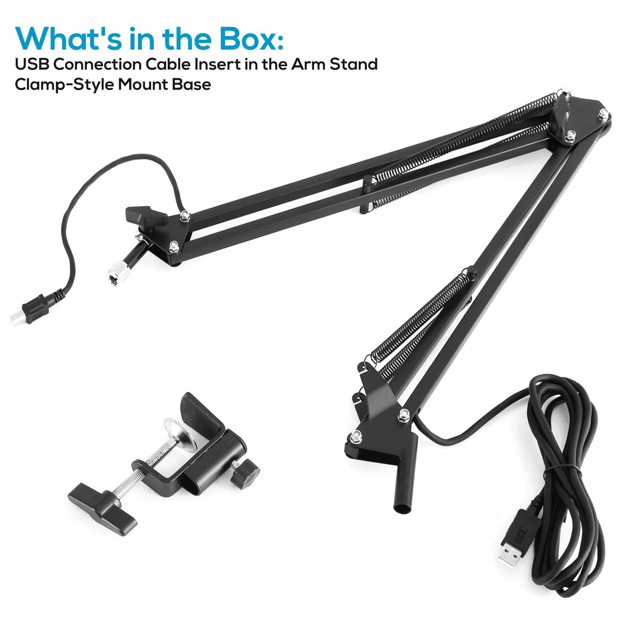 What's in the Box:  
USB Connection Cable  
Insert in the Arm Stand  
Clamp-Style Mount Base