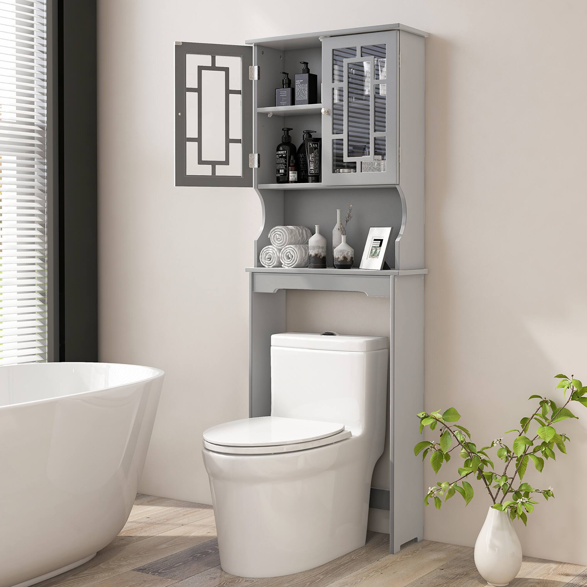 Alt View 3. Gymax - Gymax Grey Bathroom Over The Toilet Space Saver Storage Cabinet Organizer Shelf - Grey.