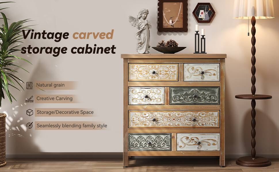 Vintage carved storage cabinet

- Natural grain
- Creative Carving
- Storage/Decorative Space
- Seamlessly blending family style