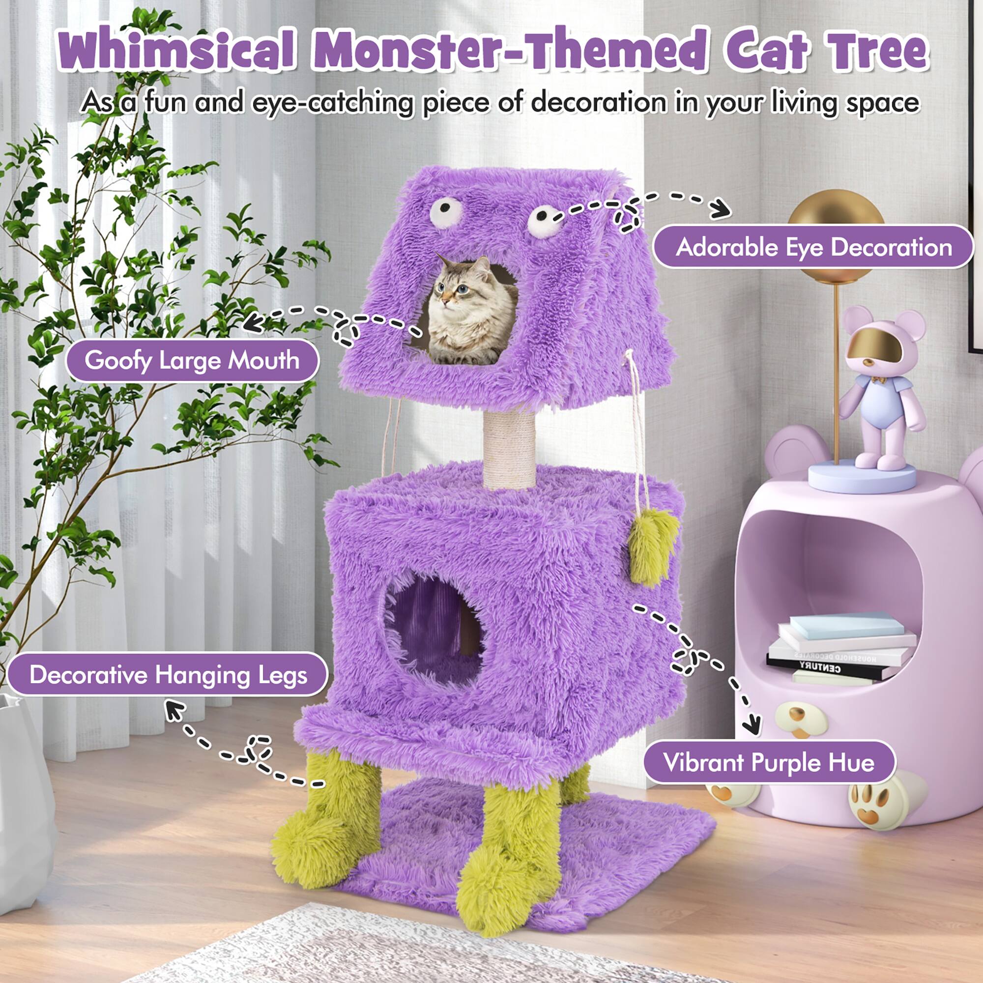 Whimsical Monster-Themed Cat Tree

As a fun and eye-catching piece of decoration in your living space

- Goofy Large Mouth
- Adorable Eye Decoration
- Decorative Hanging Legs
- Vibrant Purple Hue