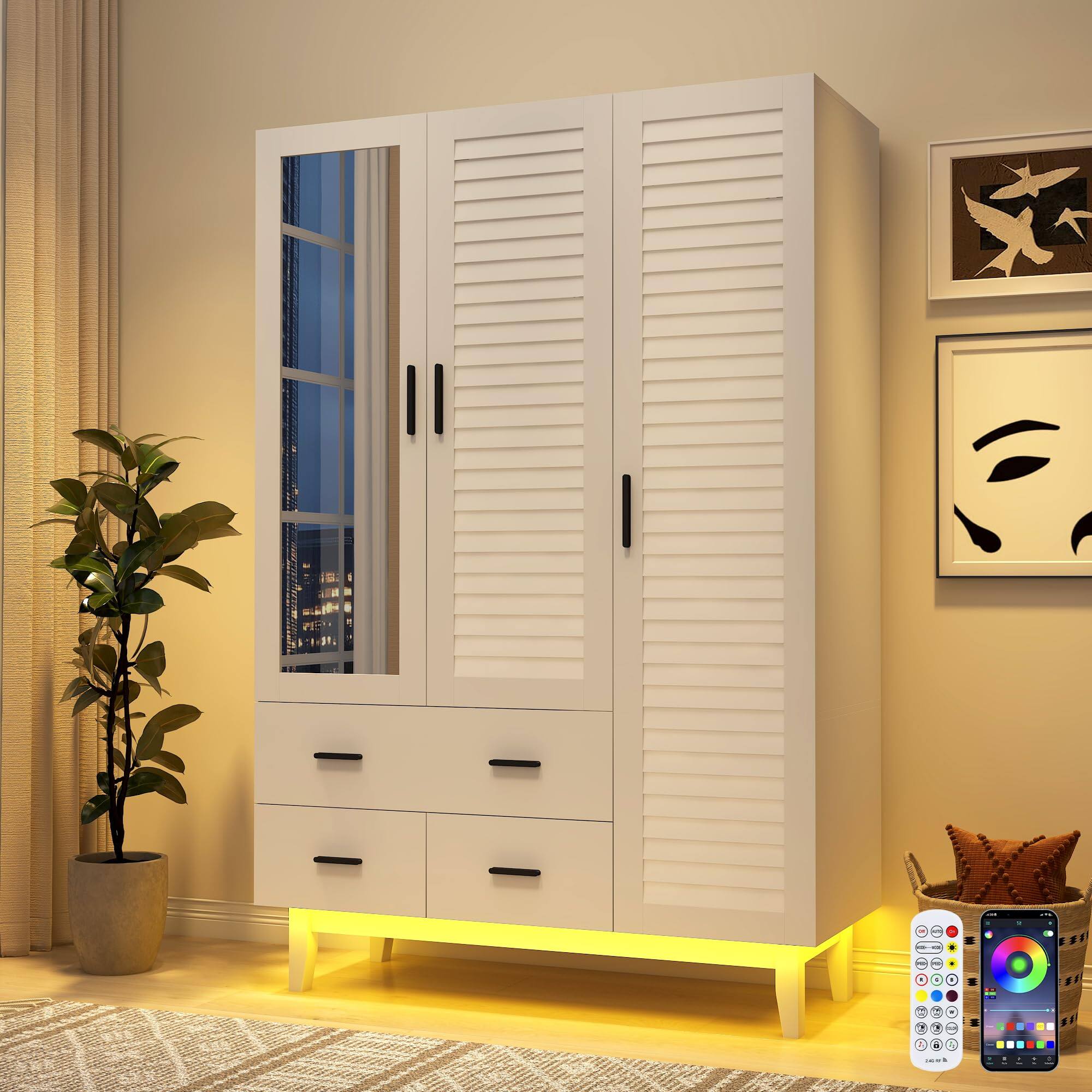 Alt View 3. Lent Glitter Wood - 3 Door Louver Armoire with LED Lights Drawers Large Capacity Wood Wardrobe - White.