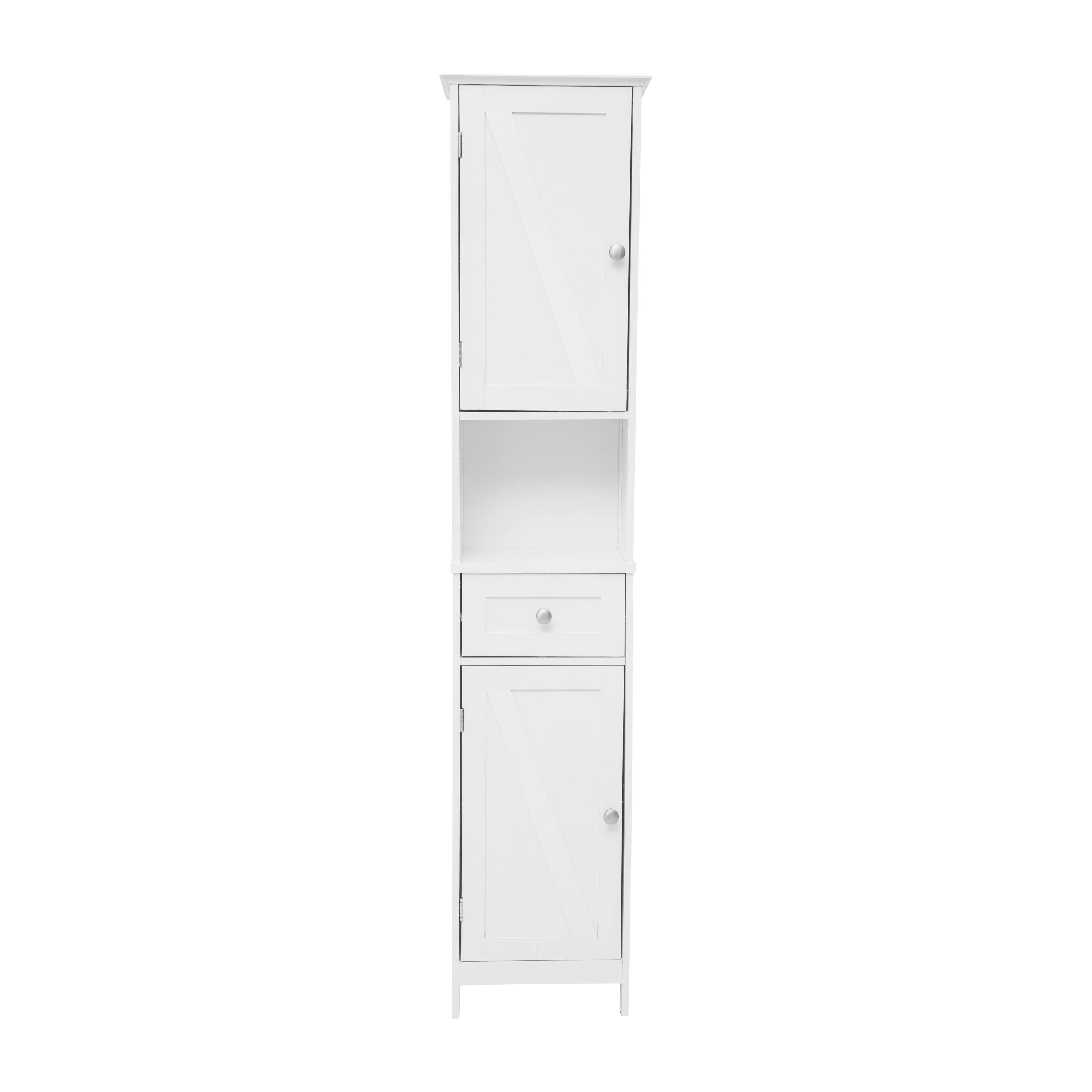 Alt View 9. Emma + Oliver - Farmhouse Freestanding Linen Tower with Shelves, Drawer, and Doors - White.