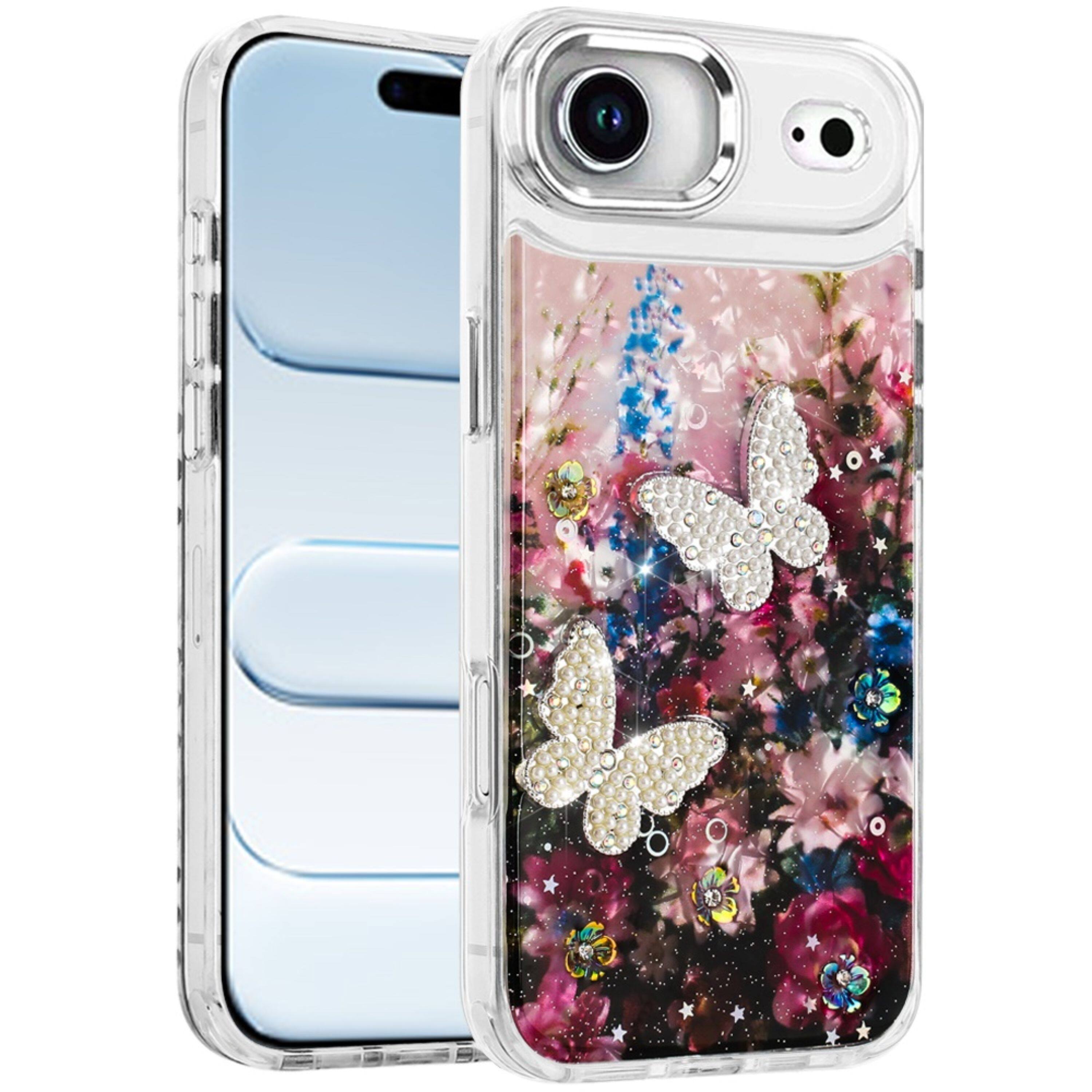 Left. Kitcheniva - 3D Beaded Butterflies Design Epoxy Glitter Phone Case With Tempered Glass For iPhone Air - Multicolor.