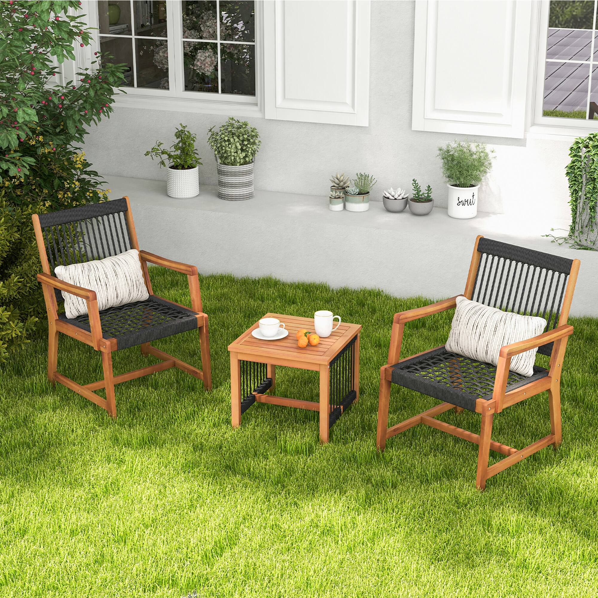 Alt View 2. Gymax - Gymax 3 PCS Solid Acacia Wood Patio Set All-Weather Rope Woven Chair Garden Poolside - Black and Natural.