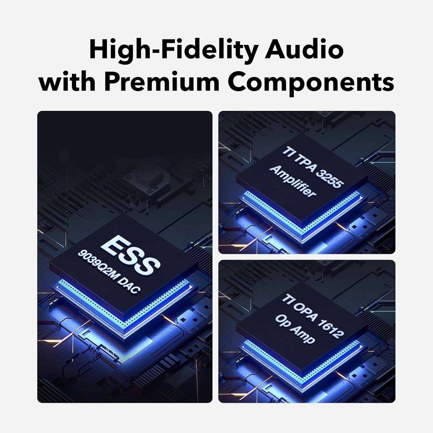 High-Fidelity Audio with Premium Components

- ESS 9039Q2M DAC
- TI TPA 3255 Amplifier
- TI OPA 1612 Op Amp