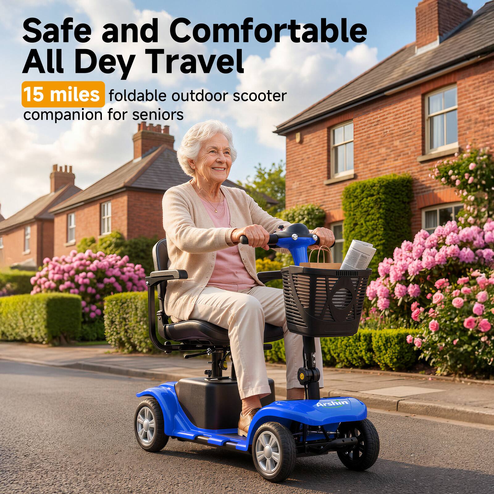 Safe and Comfortable All Day Travel  
15 miles foldable outdoor scooter companion for seniors