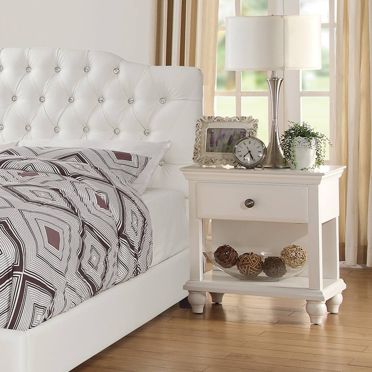 Angle. Loheer - Loheer White Bedroom Nightstand with One Drawer and Open Shelf, 26 Inch Tall Wooden Bedside Table - White.