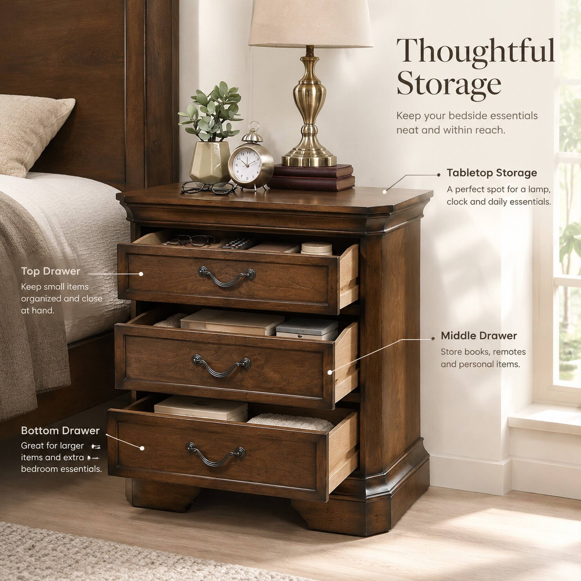 RYHNUYNE 3 Drawer Wood Nightstand, Antique Walnut Finish, Solid Wood ...