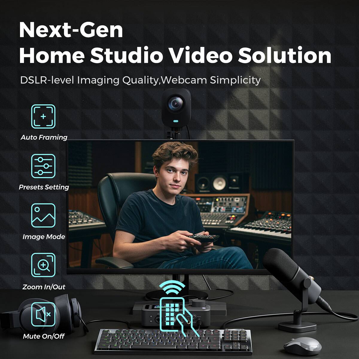 Next-Gen Home Studio Video Solution  
DSLR-level Imaging Quality, Webcam Simplicity  
Auto Framing  
Presets Setting  
Image Mode  
Zoom In/Out  
Mute On/Off