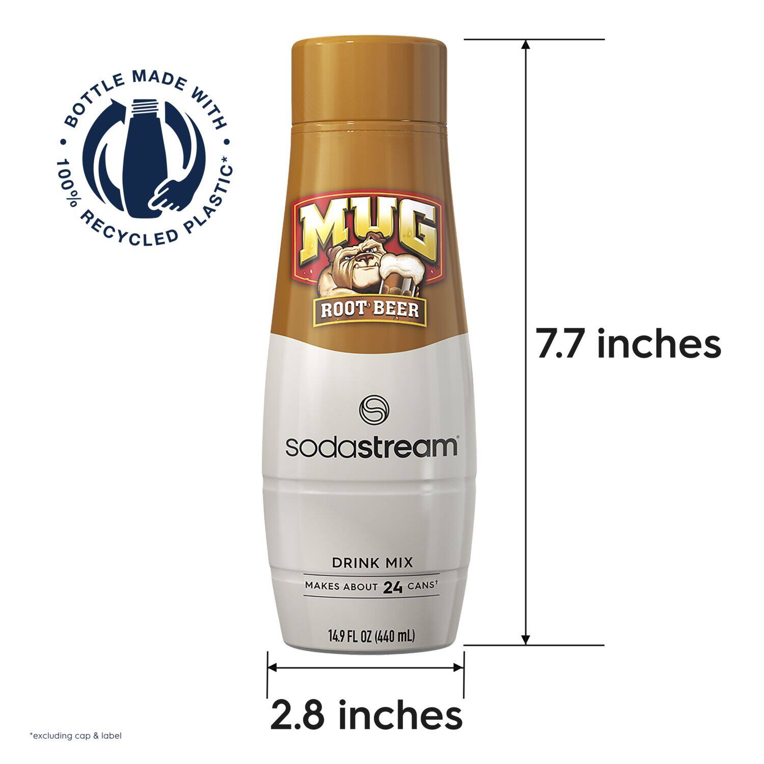 The text on the image reads: "Made with 100% recycled plastic. SodaStream Drink Mix. Makes about 24 cans. 14.9 fl oz (440 mL) excluding cap & label. 2.8 inches."