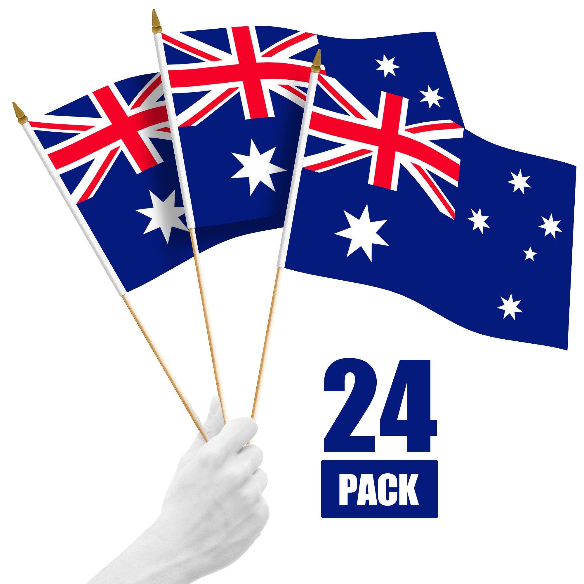 Front. G128 - 24-Pack Handheld Australia Stick Flags, 12 x 18 in, 150D Polyester with Wooden Pole and Gold Spear Tip. - Assorted Colors.