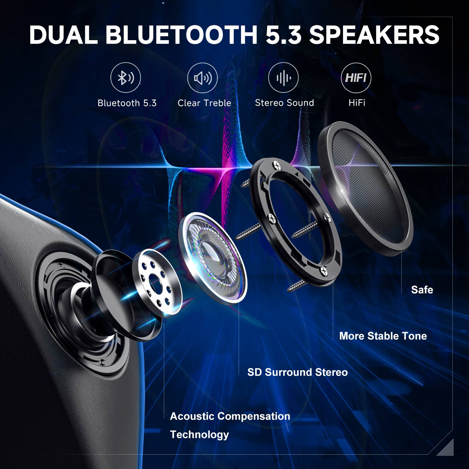 DUAL BLUETOOTH 5.3 SPEAKERS
Bluetooth 5.3
Clear Treble
Stereo Sound
HiFi
Safe
More Stable Tone
SD Surround Stereo
Acoustic Compensation Technology