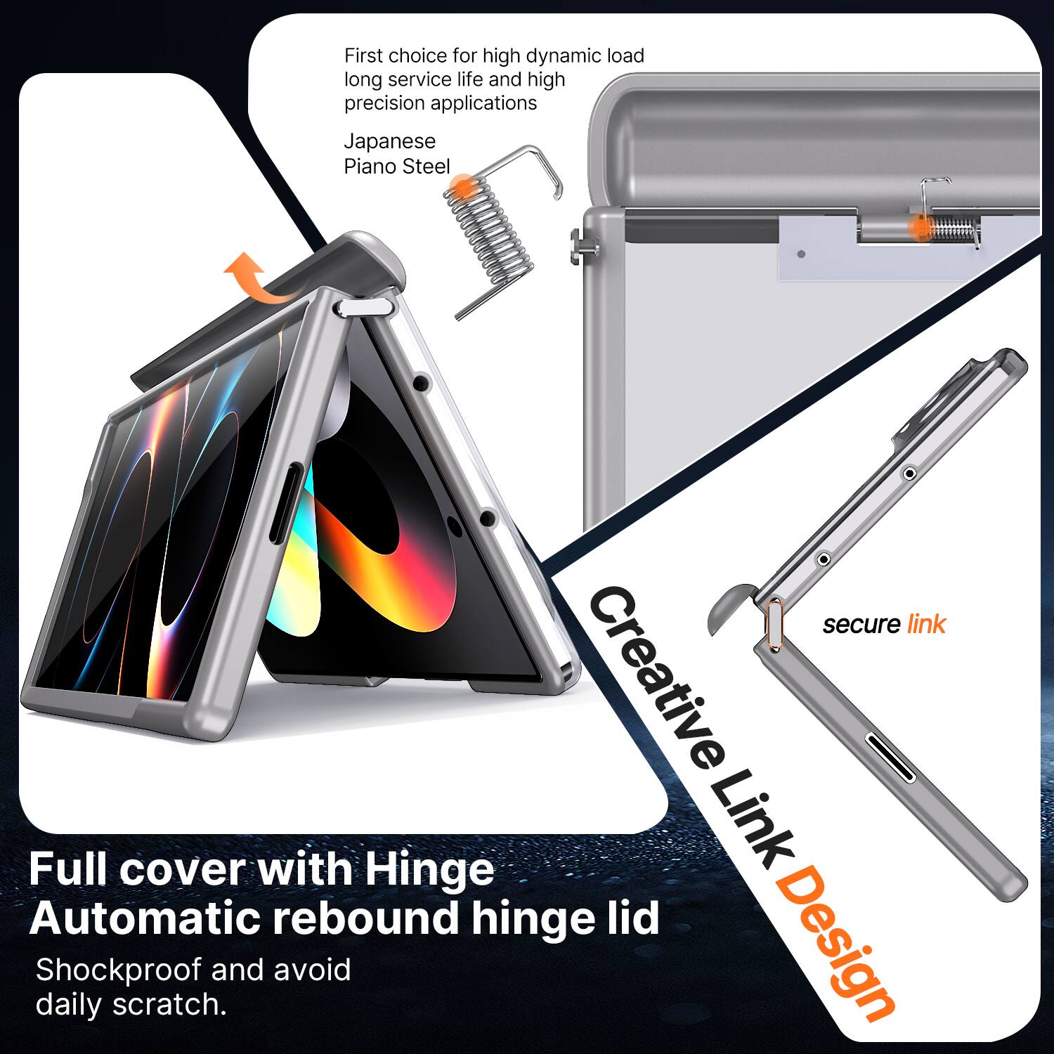 First choice for high dynamic load, long service life, and high precision applications: Japanese Piano Steel

Full cover with Hinge Automatic rebound hinge lid
Shockproof and avoid daily scratch.

Creative Link Design
secure link