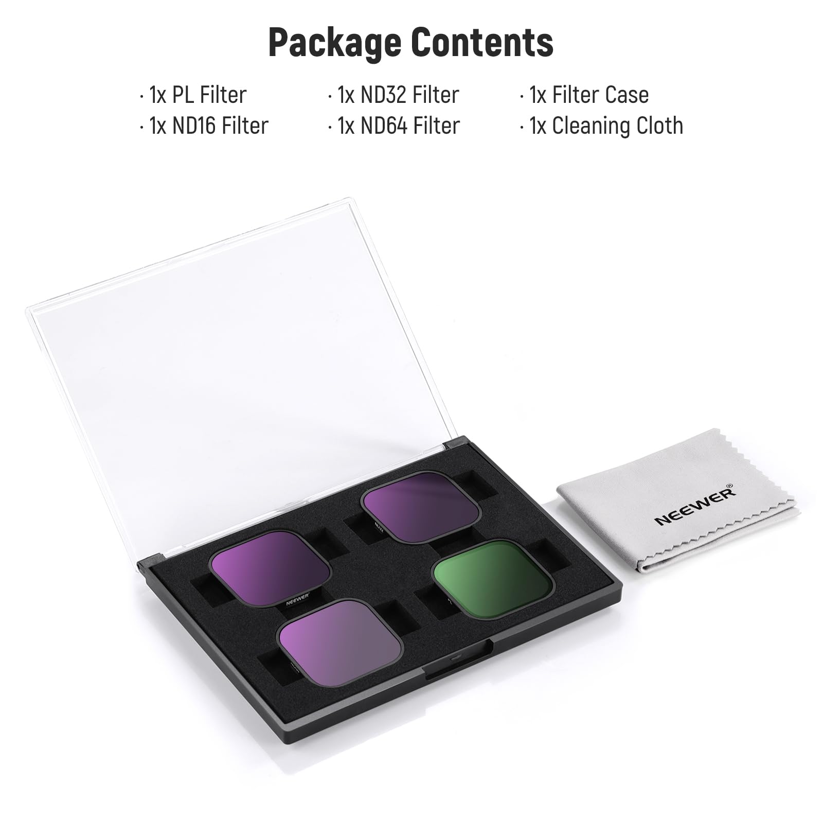 Package Contents

- 1x PL Filter
- 1x ND16 Filter
- 1x ND32 Filter
- 1x ND64 Filter
- 1x Filter Case
- 1x Cleaning Cloth
