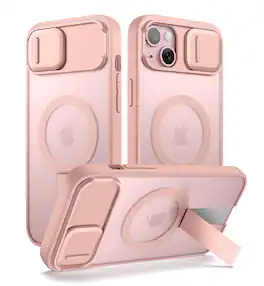 SURITCH - Rugged Case for iPhone 14 Plus/15 Plus, Compatible with MagSafe, Built-in Kickstand & Camera Cover & Translucent Back - Dawn Pink