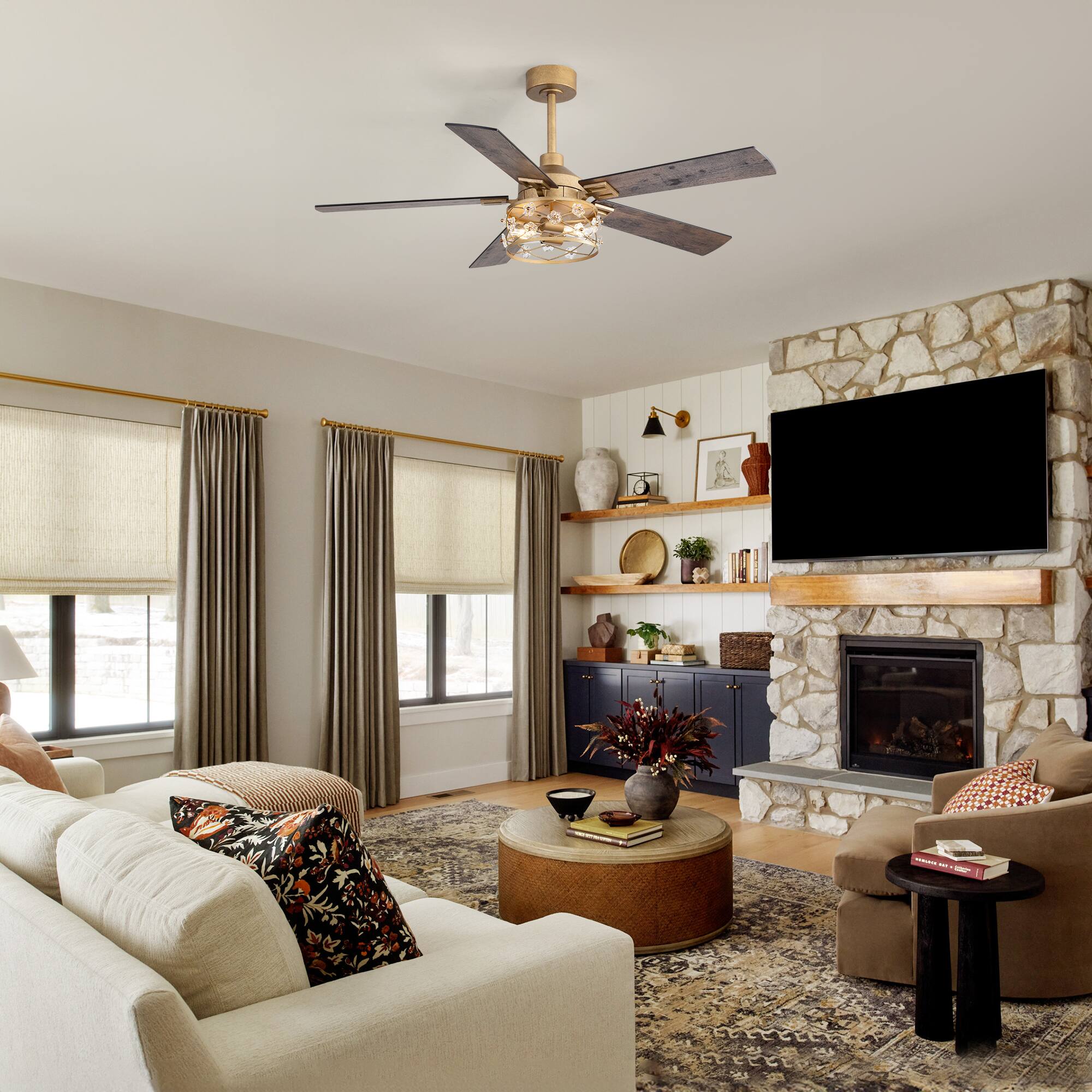 Back. Breezary - 52-Inch Indoor Ceiling Fan with Light Kit, 5 Plywood Dual-Finish Blades, DC Motor, 5/10'' Downrods, Remote, Glass Shade - Paint Gold with Black and Rich Walnut.