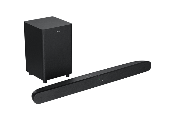 Left. TCL - 2.1 Ch Soundbar w/ Wireless Subwoofer Alto 6+ TS6110-NA, 240W, Dolby Digital, Roku TV Ready, Specialized Sound Modes - Black.