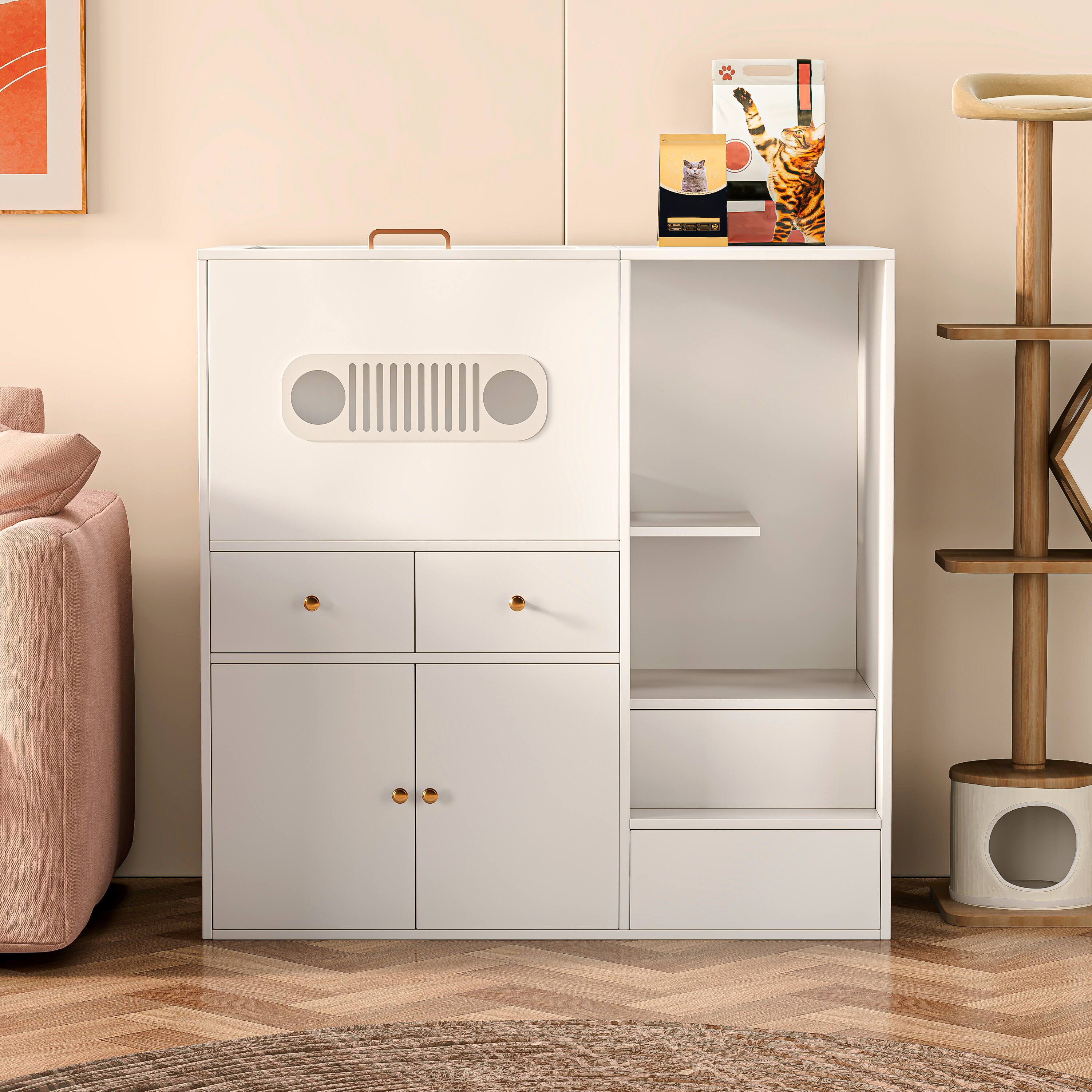 Alt View 3. MSOOB - 40.2'' W Top Entry Cat Litter Box Enclosure Furniture Style, Hidden Glass Cat Cabinet Pet House - White.