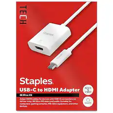 **TECH**
**Staples**
**USB-C to HDMI Adapter**
**4K Ultra HD**
**AUDIO & VIDEO**
**WHITE**
**Adapts HDMI cables for devices with USB-C connections to deliver crisp, 4K Ultra HD video and audio. Suitable for computers, gaming consoles, HD video equipment, and other devices.**