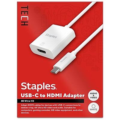 **TECH**

**Staples**

**USB-C to HDMI Adapter**

**4K Ultra HD**

**AUDIO & VIDEO**

**WHITE**

**Adapts HDMI cables for devices with USB-C connections to deliver crisp, 4K Ultra HD video and audio. Suitable for computers, gaming consoles, HD video equipment, and other devices.**