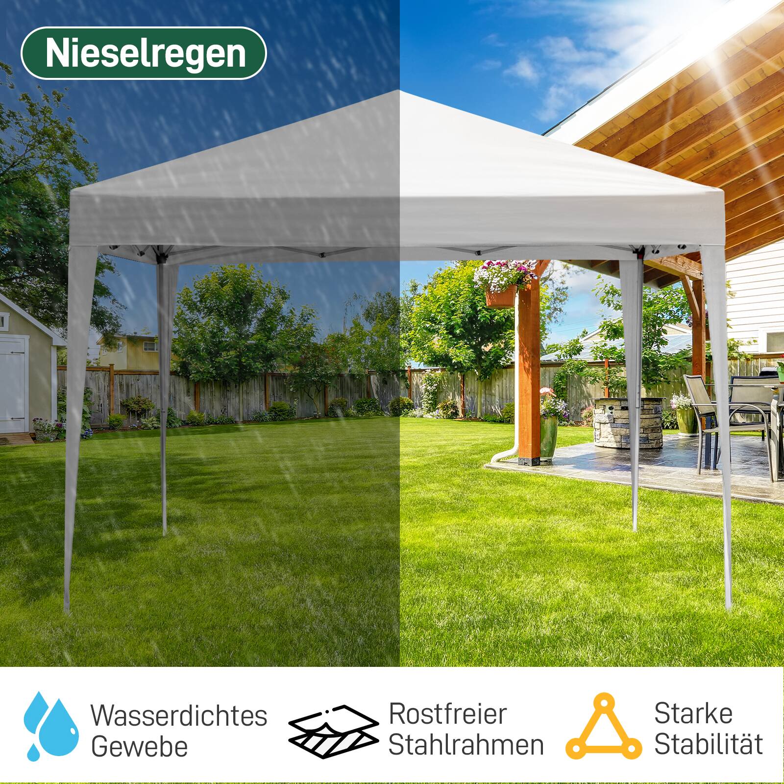 Nieselregen  
Wasserdichtes Gewebe  
Rostfreier Stahlrahmen  
Starke Stabilität