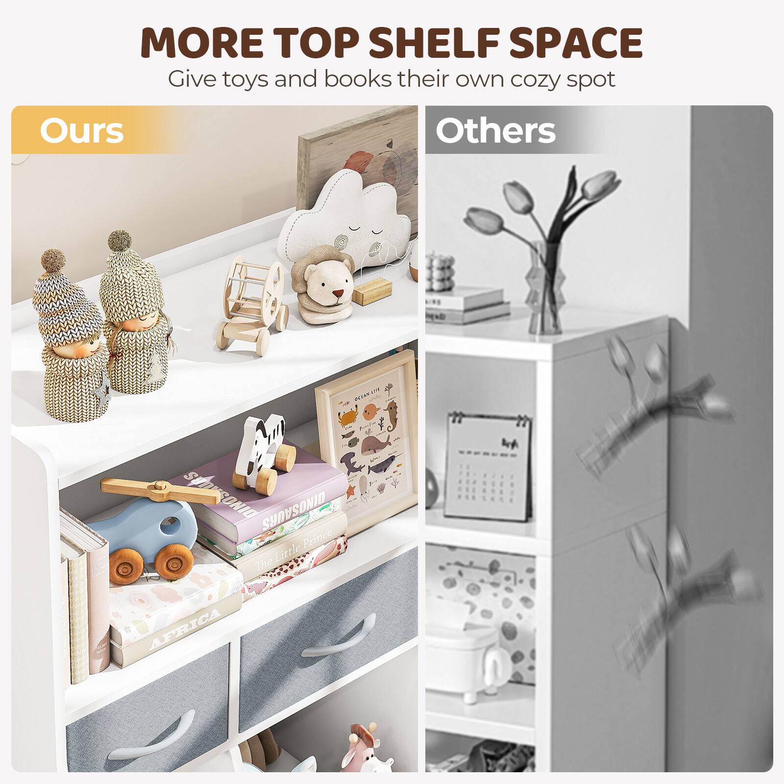 MORE TOP SHELF SPACE  
Give toys and books their own cozy spot  

Ours  

Others
