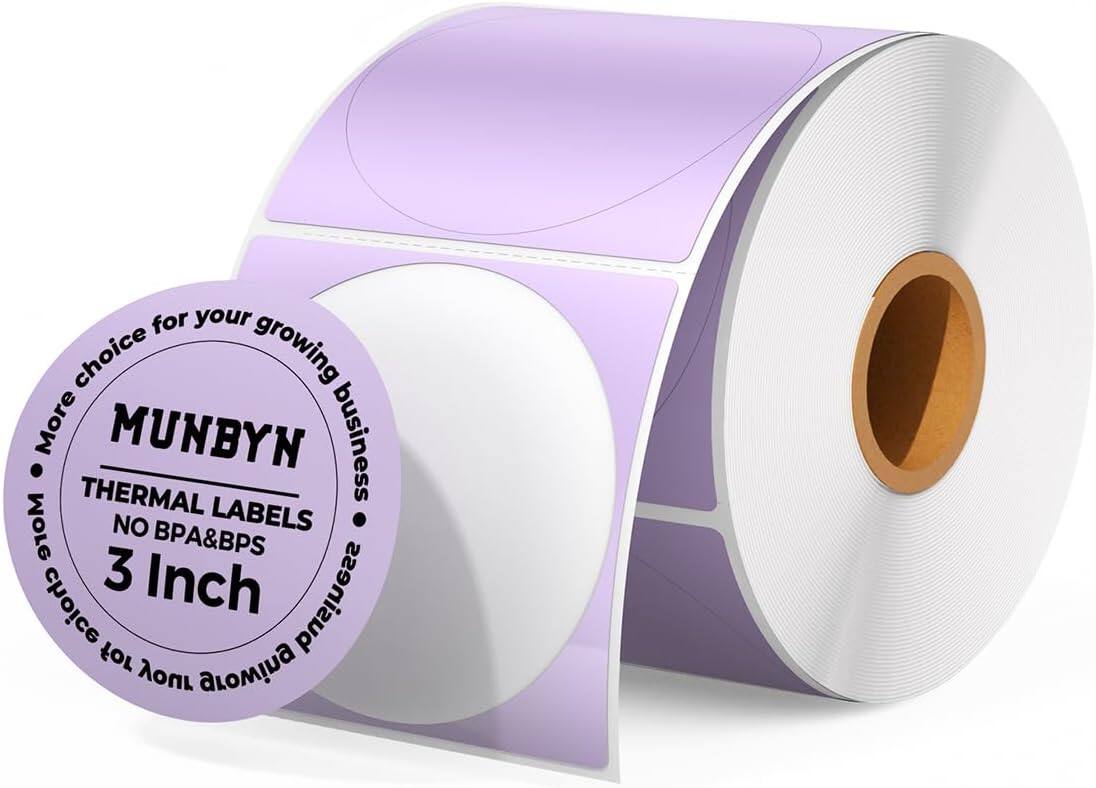 MUNBYN - 3 Inch Circle Thermal Sticker Labels - Purple