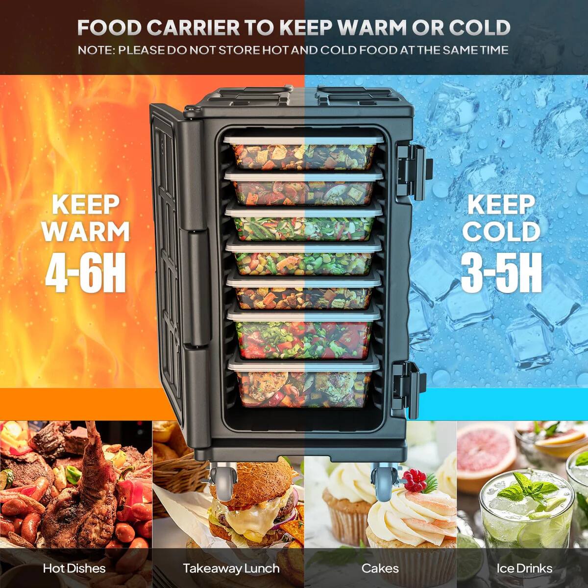 FOOD CARRIER TO KEEP WARM OR COLD  
NOTE: PLEASE DO NOT STORE HOT AND COLD FOOD AT THE SAME TIME  

KEEP WARM 4-6H  
KEEP COLD 3-5H  

Hot Dishes  
Takeaway Lunch  
Cakes  
Ice Drinks