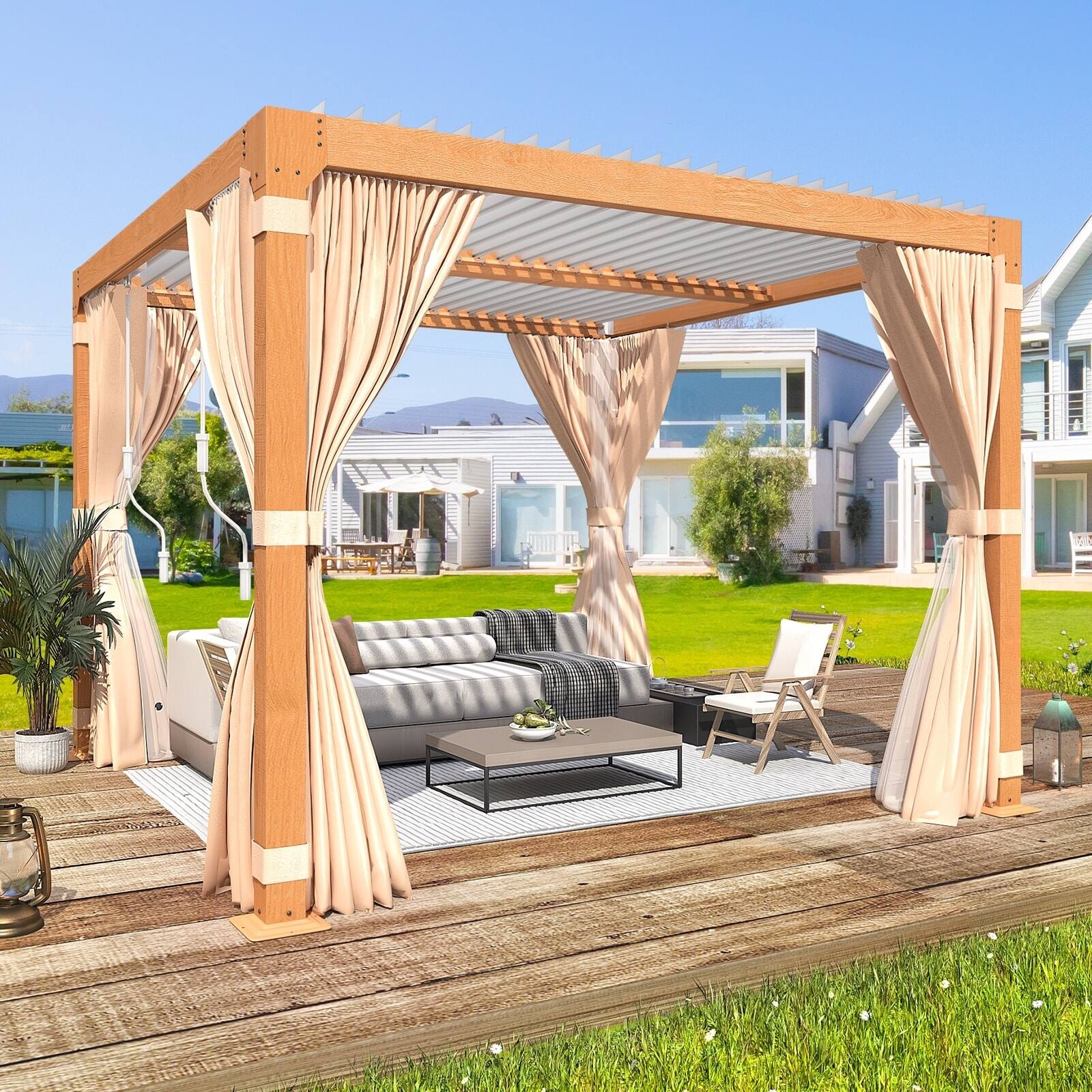 Alt View 5. U-HOMY - Wood Grain Aluminum Louvered Pergola Gazebo with Adjustable Rainproof Roof, Curtains & Netting - 10'x10'.