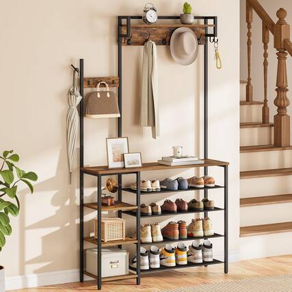 Front. Hanke - Hall Tree With Bench Entryway Coat Rack Shoe And For Storage Reversible Shelves Rustic Brown Bf105mt01 - Default.