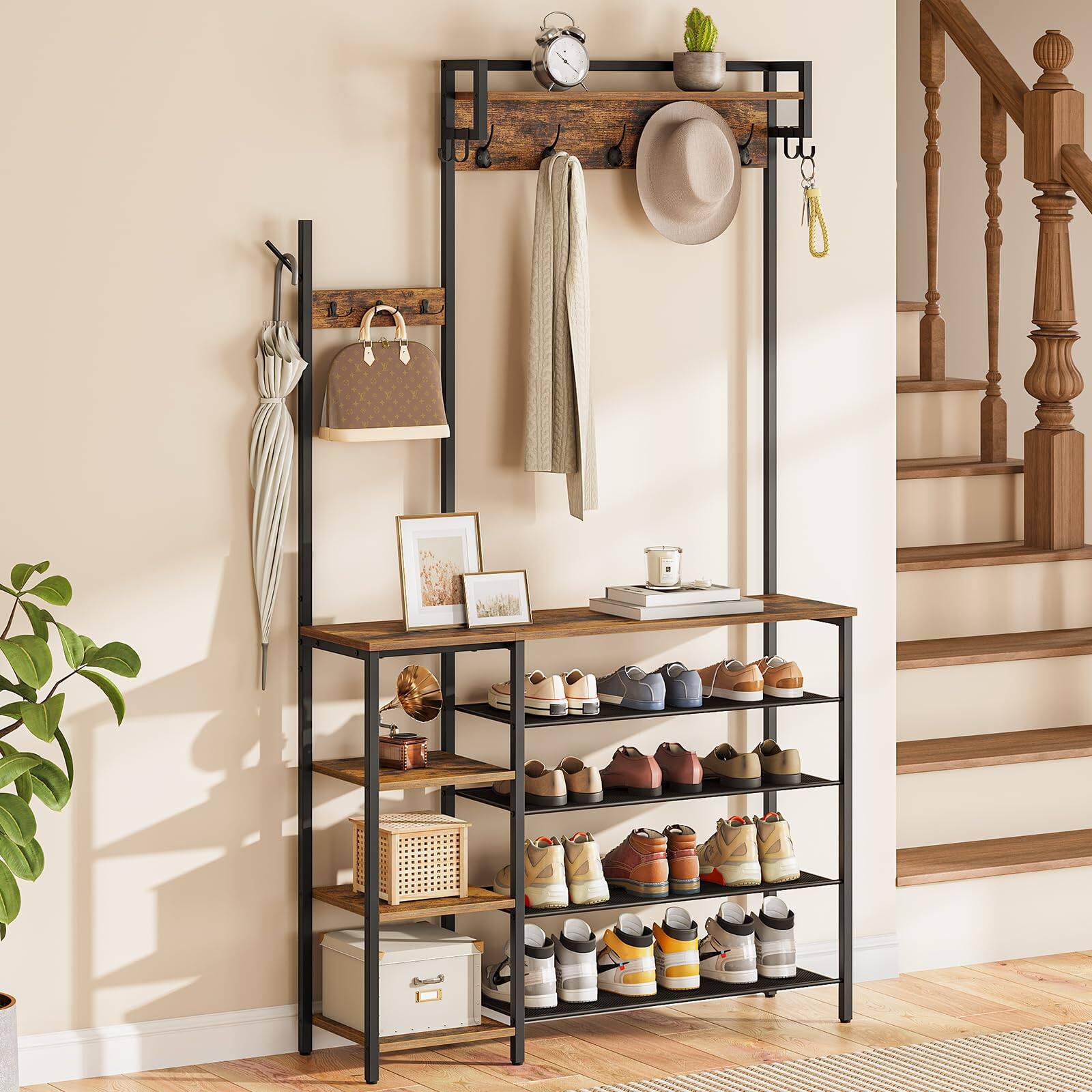 Front. Hanke - Hall Tree With Bench Entryway Coat Rack Shoe And For Storage Reversible Shelves Rustic Brown Bf105mt01 - Default.