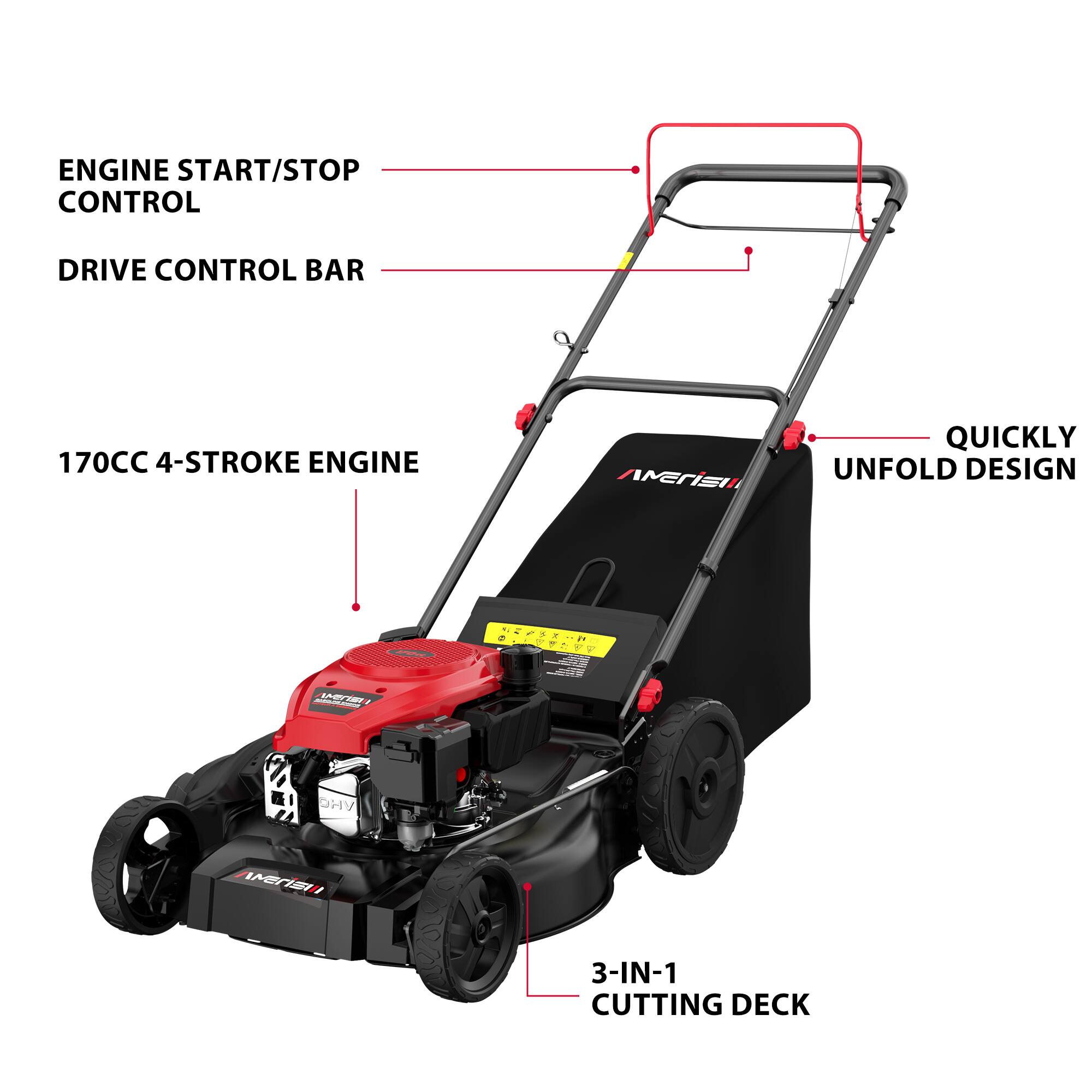 ENGINE START/STOP CONTROL  
DRIVE CONTROL BAR  
170CC 4-STROKE ENGINE  
QUICKLY UNFOLD DESIGN  
3-IN-1 CUTTING DECK