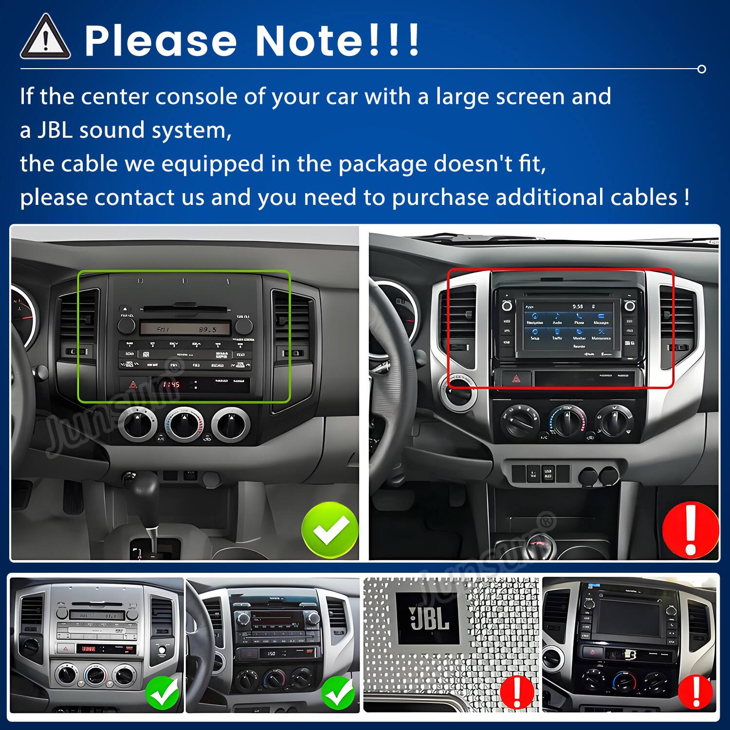 Please Note!!!

If the center console of your car with a large screen and a JBL sound system, the cable we equipped in the package doesn't fit, please contact us and you need to purchase additional cables!