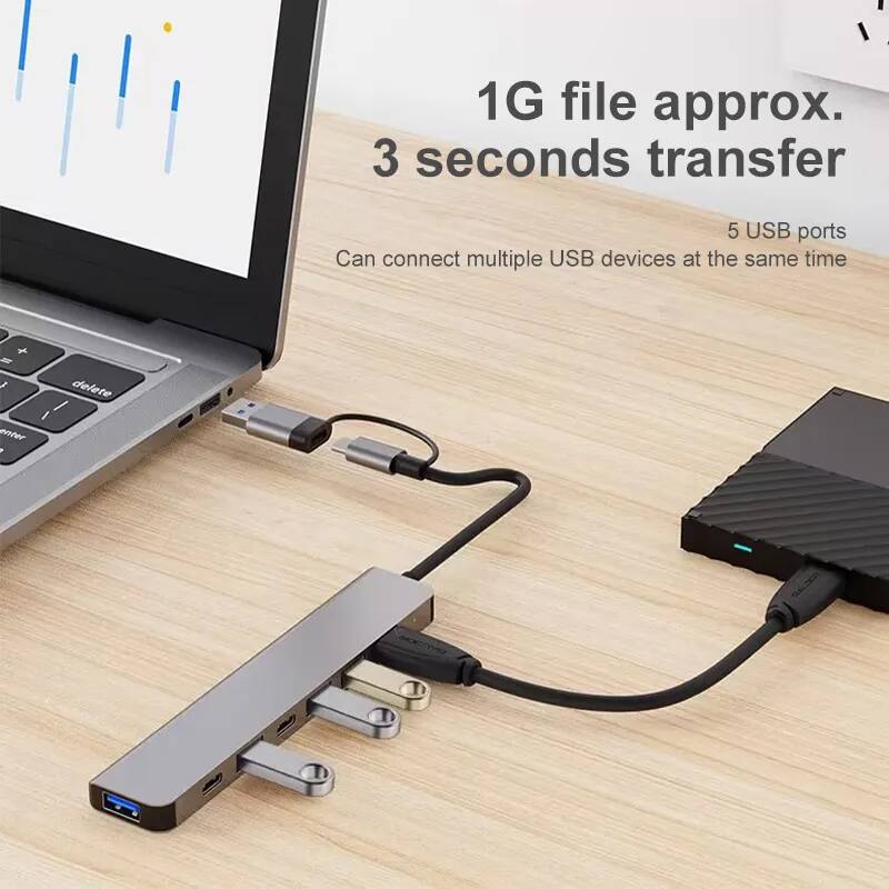 1G file approx.  
3 seconds transfer  
5 USB ports  
Can connect multiple USB devices at the same time